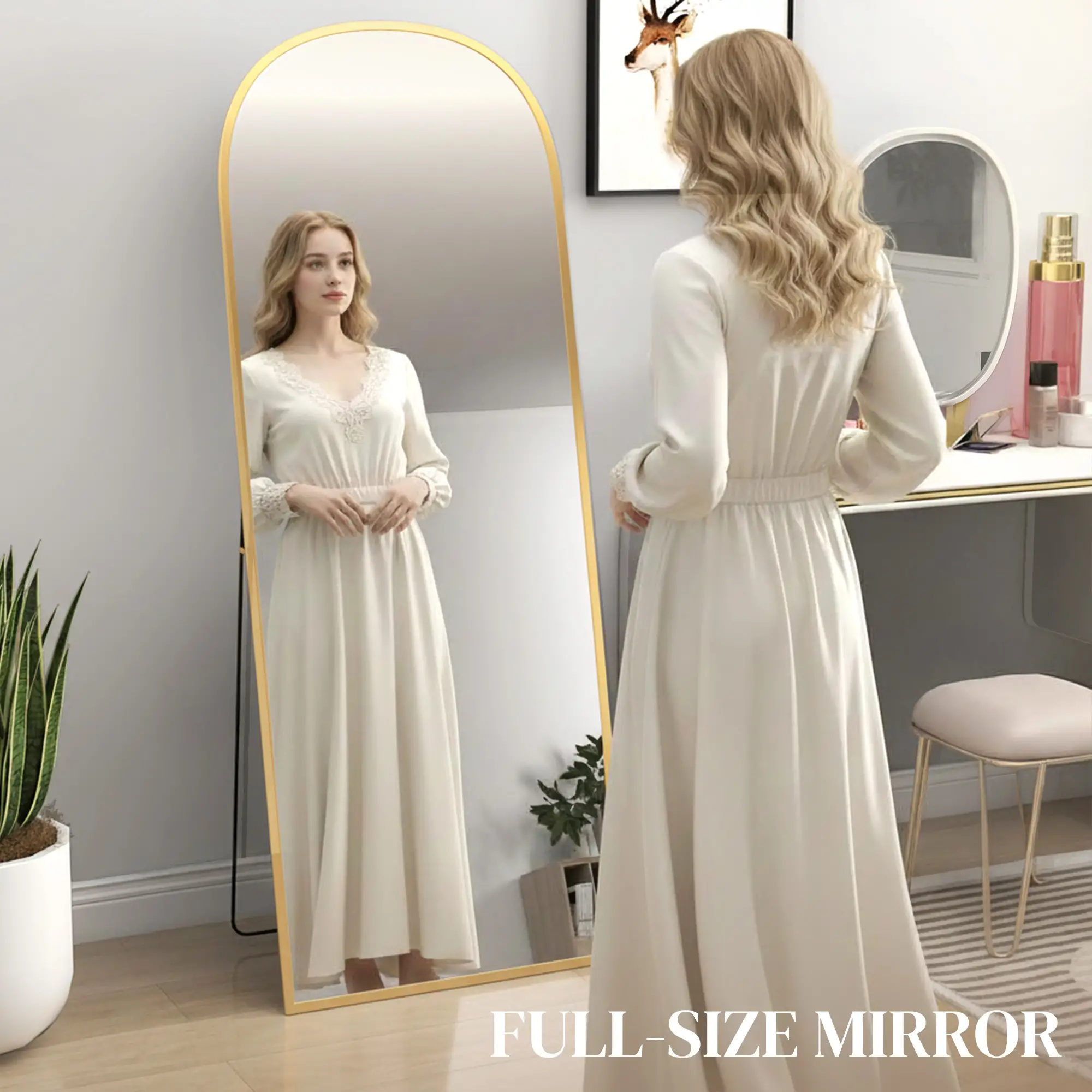 Arched Standing Mirror, 64" x 24", Full Length Mirror, Gold - Image 4