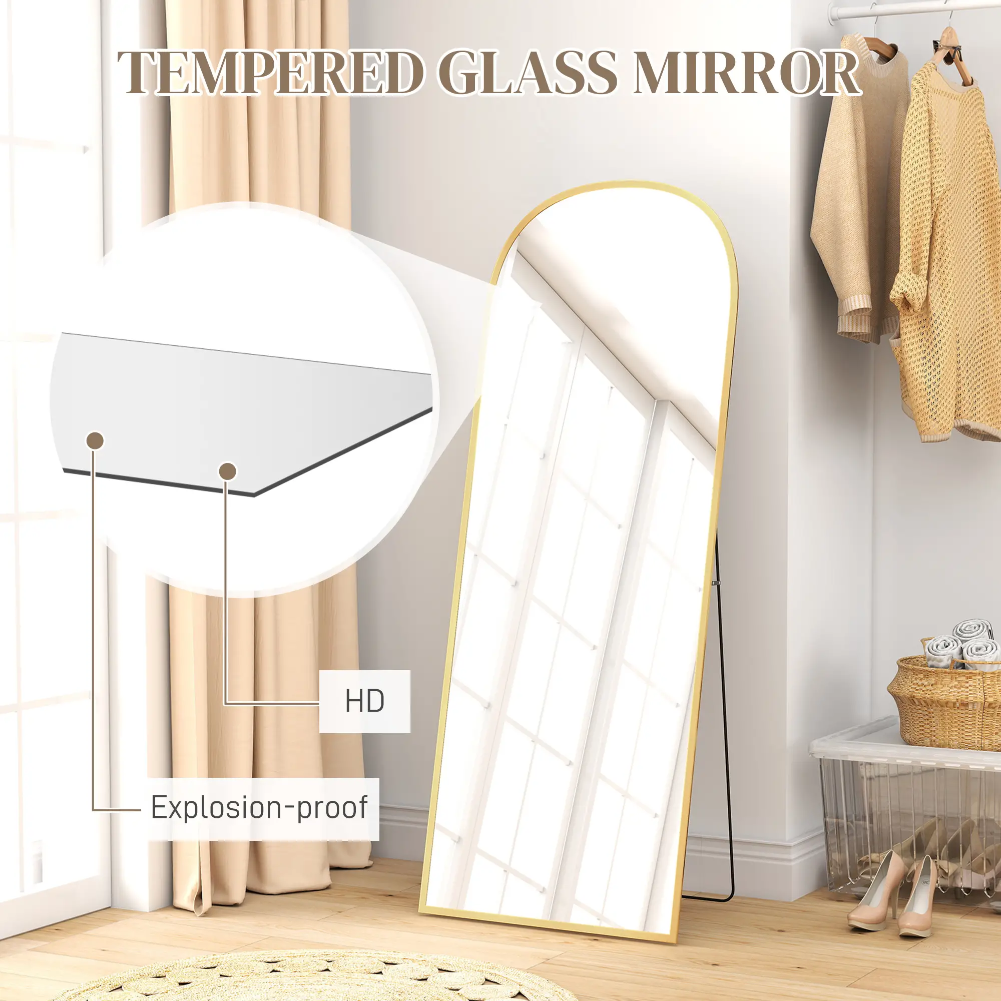 Arched Standing Mirror, 64" x 24", Full Length Mirror, Gold - Image 5