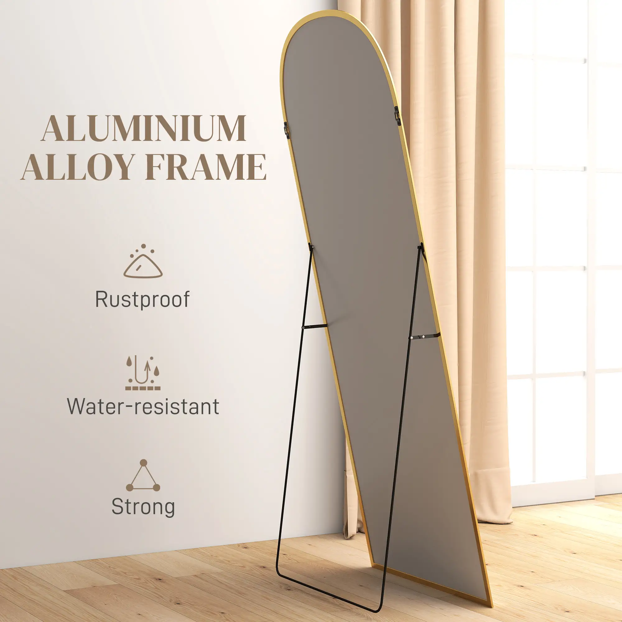 Arched Standing Mirror, 64" x 24", Full Length Mirror, Gold - Image 6