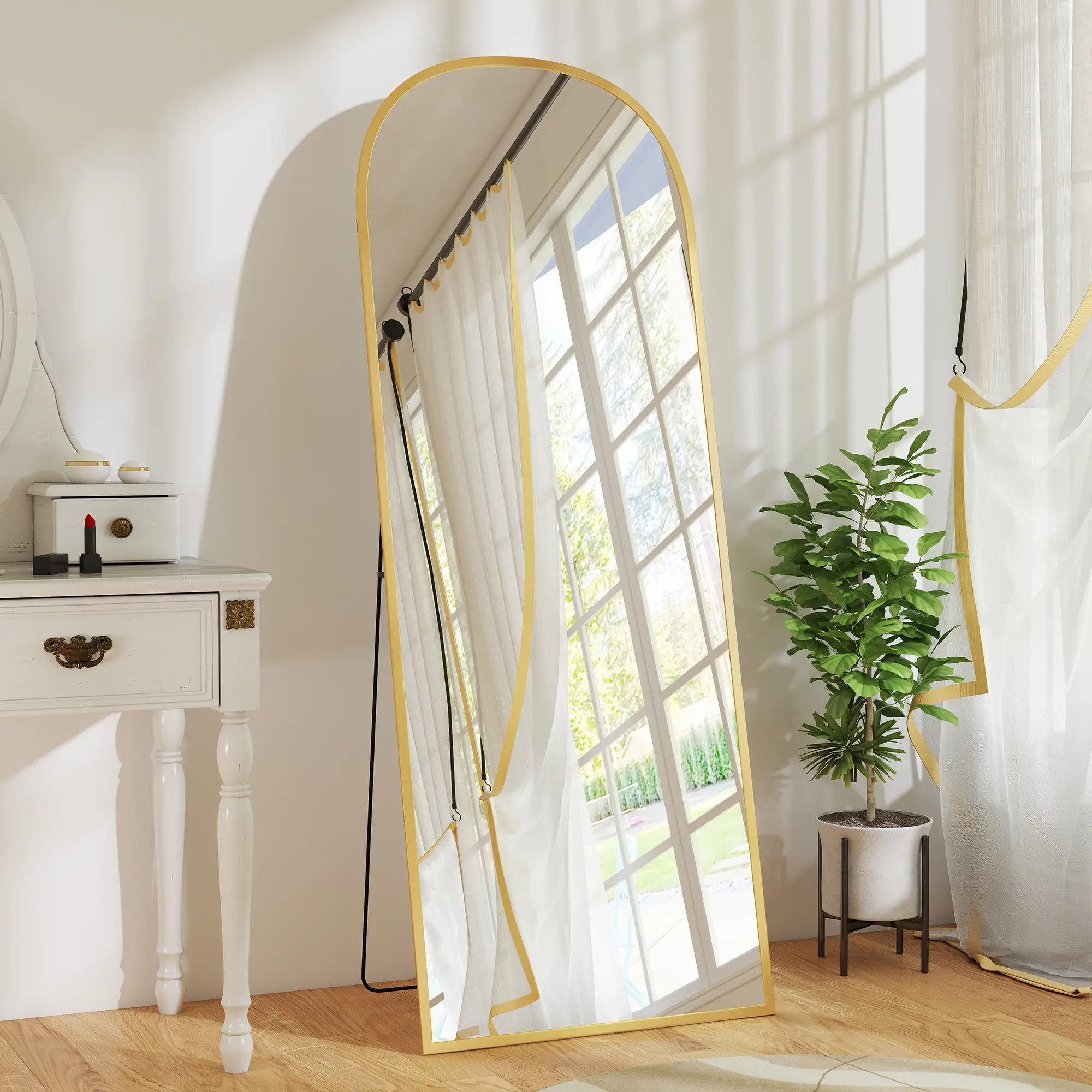 Arched Standing Mirror, 64" x 24", Full Length Mirror, Gold - Image 8