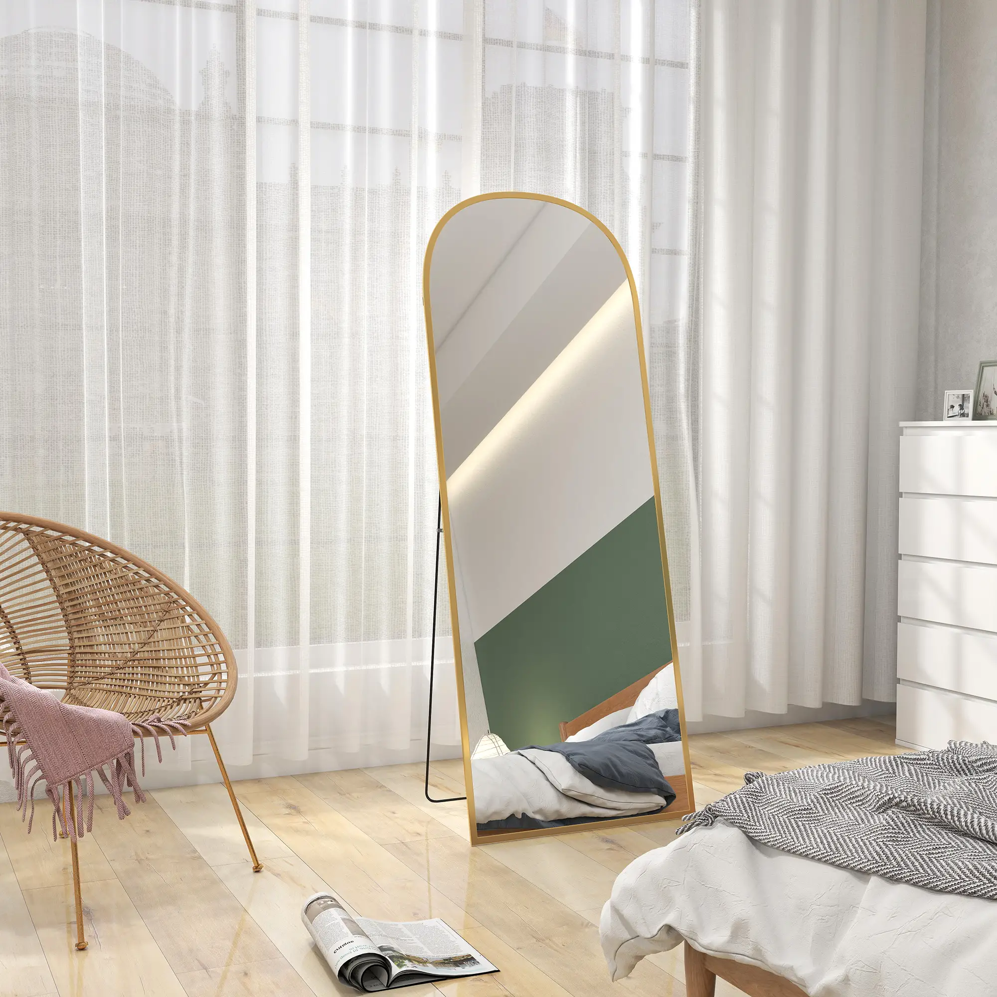Arched Standing Mirror, 64" x 24", Full Length Mirror, Gold - Image 9