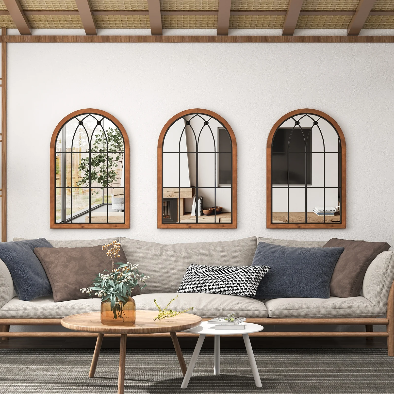 Arched Window Mirror With Back Board, Natural - Image 2