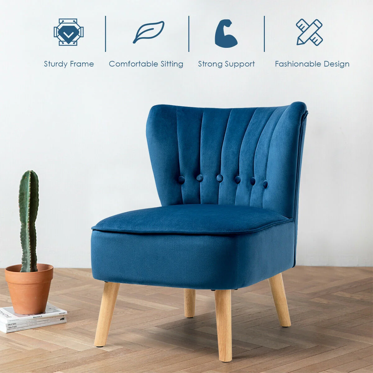 Armless Accent Chair, Tufted Velvet, Blue - Image 10