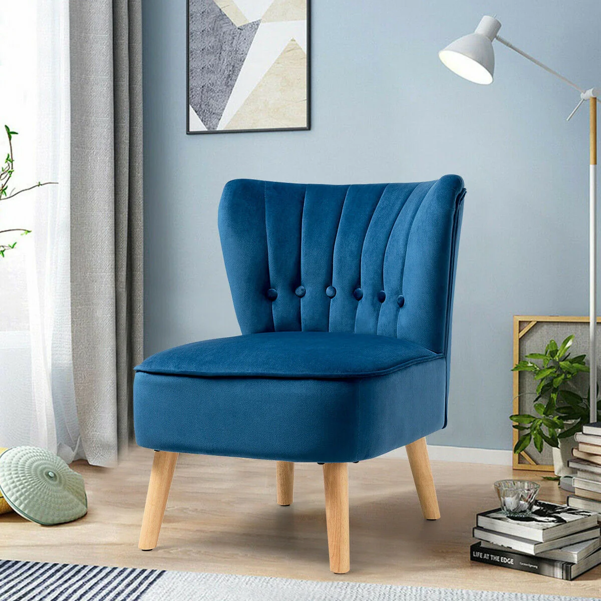 Armless Accent Chair, Tufted Velvet, Blue - Image 2