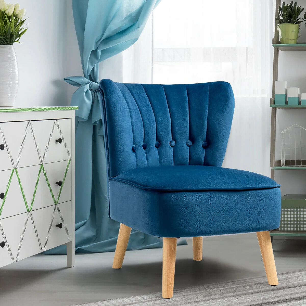 Armless Accent Chair, Tufted Velvet, Blue - Image 3