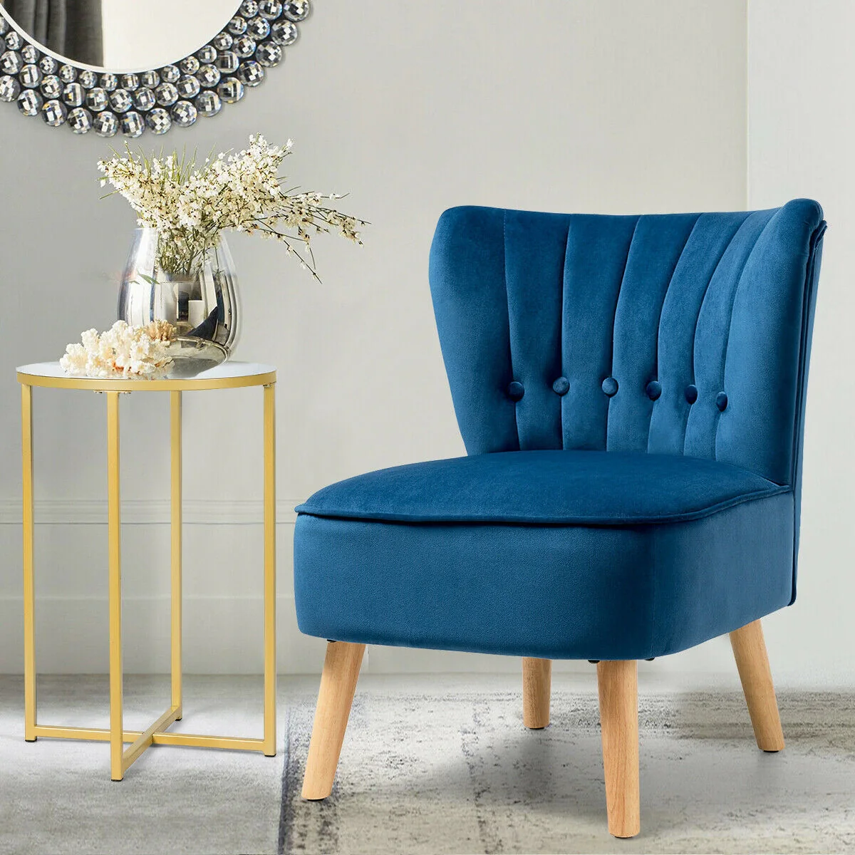 Armless Accent Chair, Tufted Velvet, Blue - Image 4