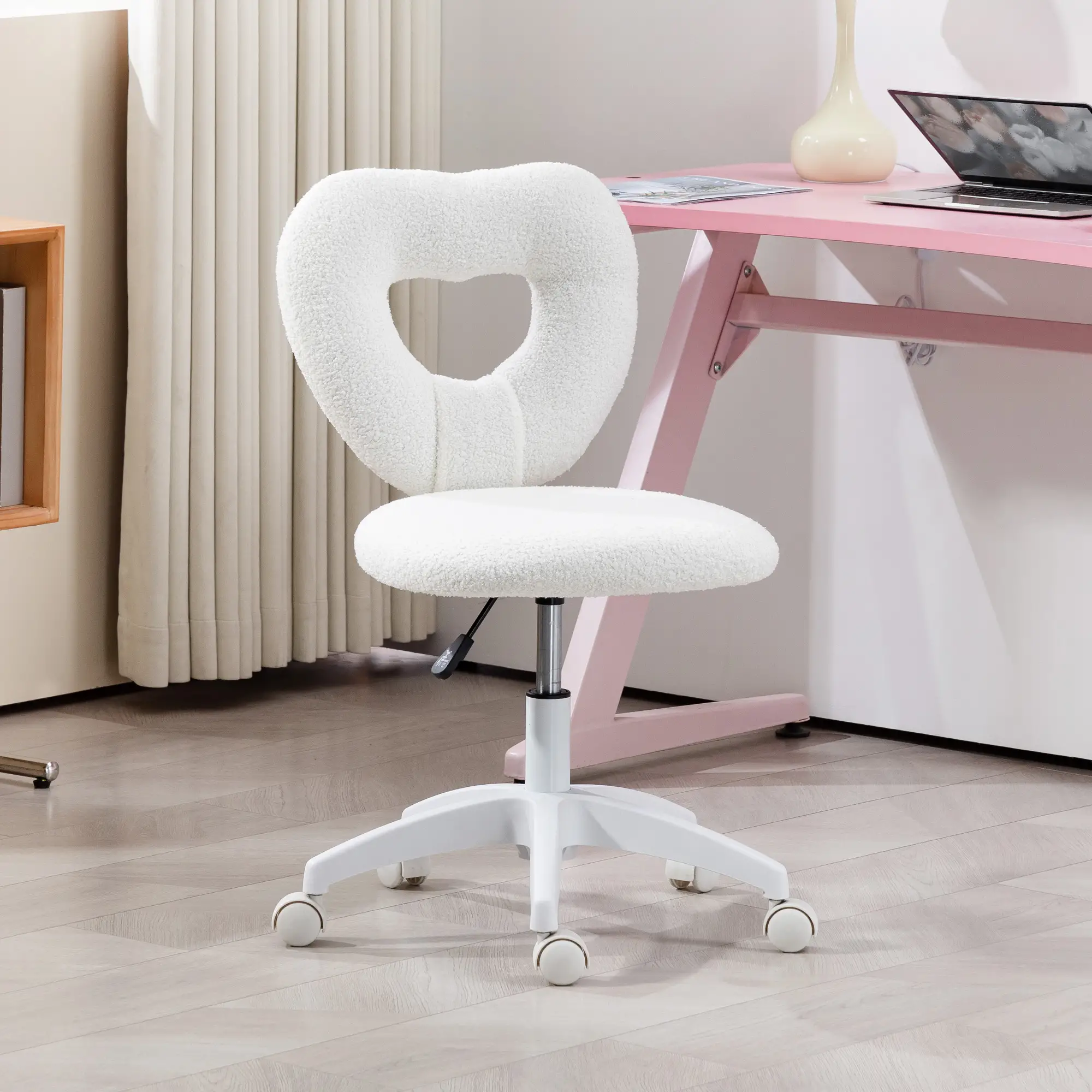 Armless Computer Desk Chair, Office Task Chair, Teddy Fleece, White - Image 2