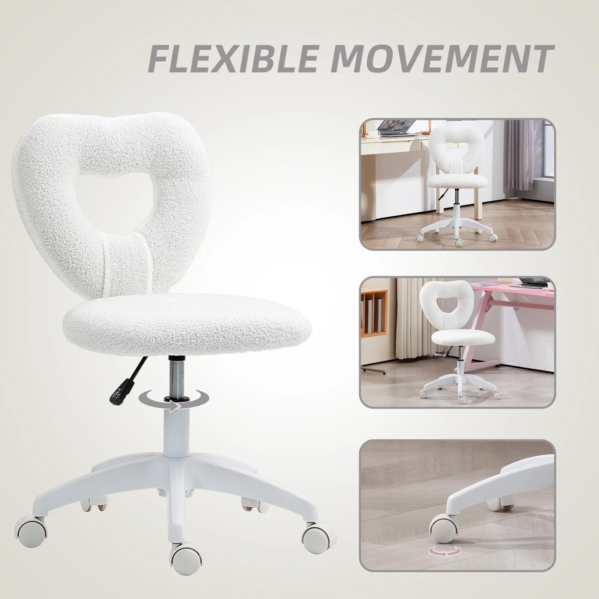 Armless Computer Desk Chair, Office Task Chair, Teddy Fleece, White - Image 6
