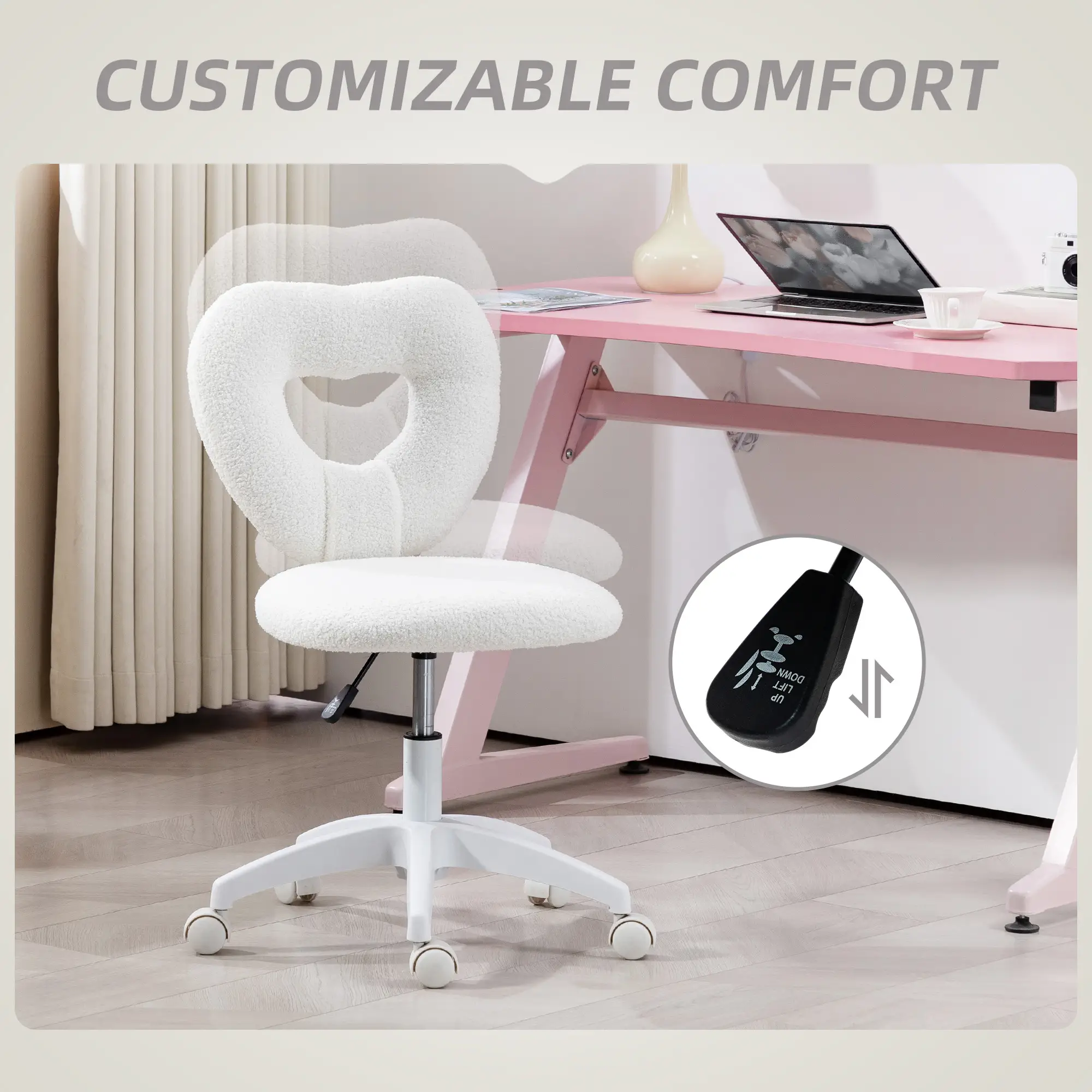 Armless Computer Desk Chair, Office Task Chair, Teddy Fleece, White - Image 7