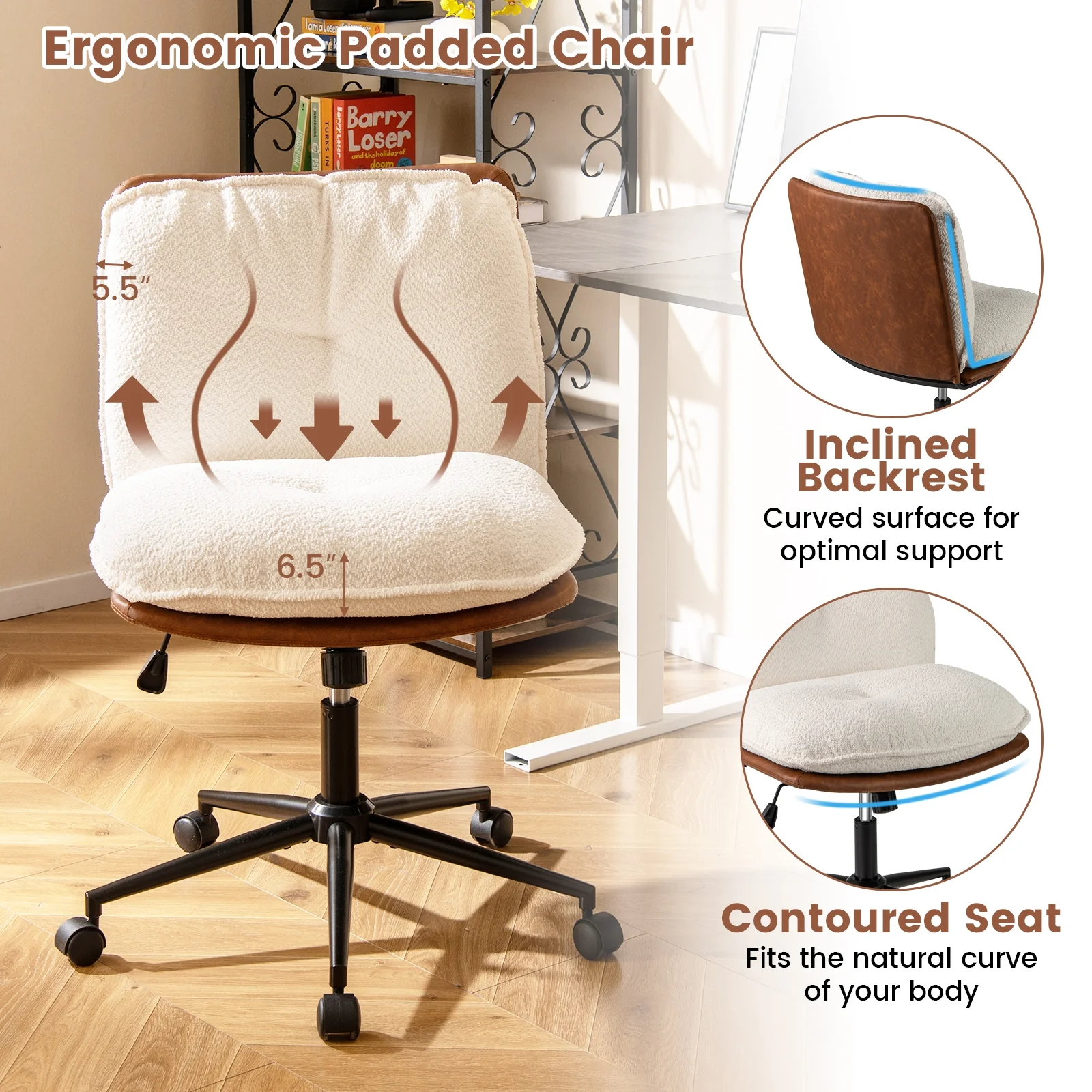 Armless Office Chair With Rocking Backrest, White - Image 8