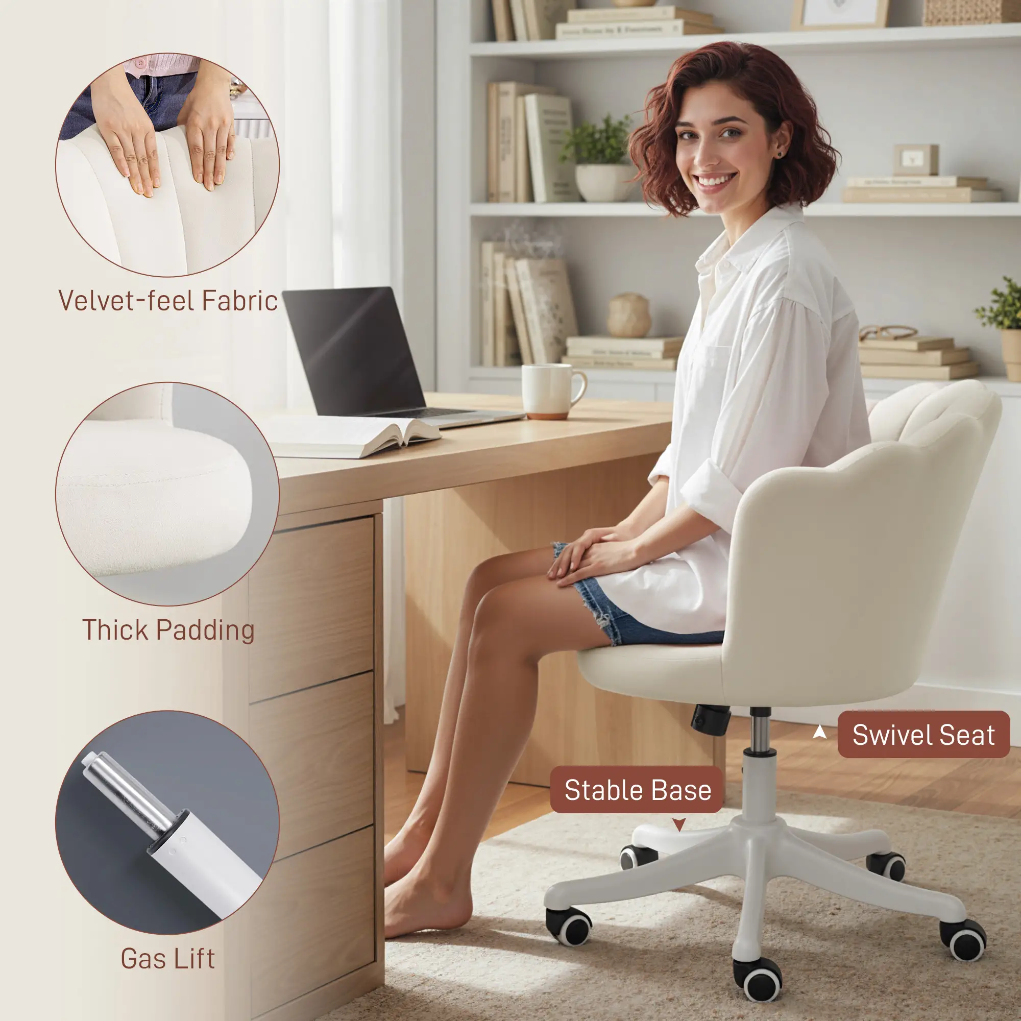Armless Swivel Desk Chair, Adjustable Height, Cream - Image 5