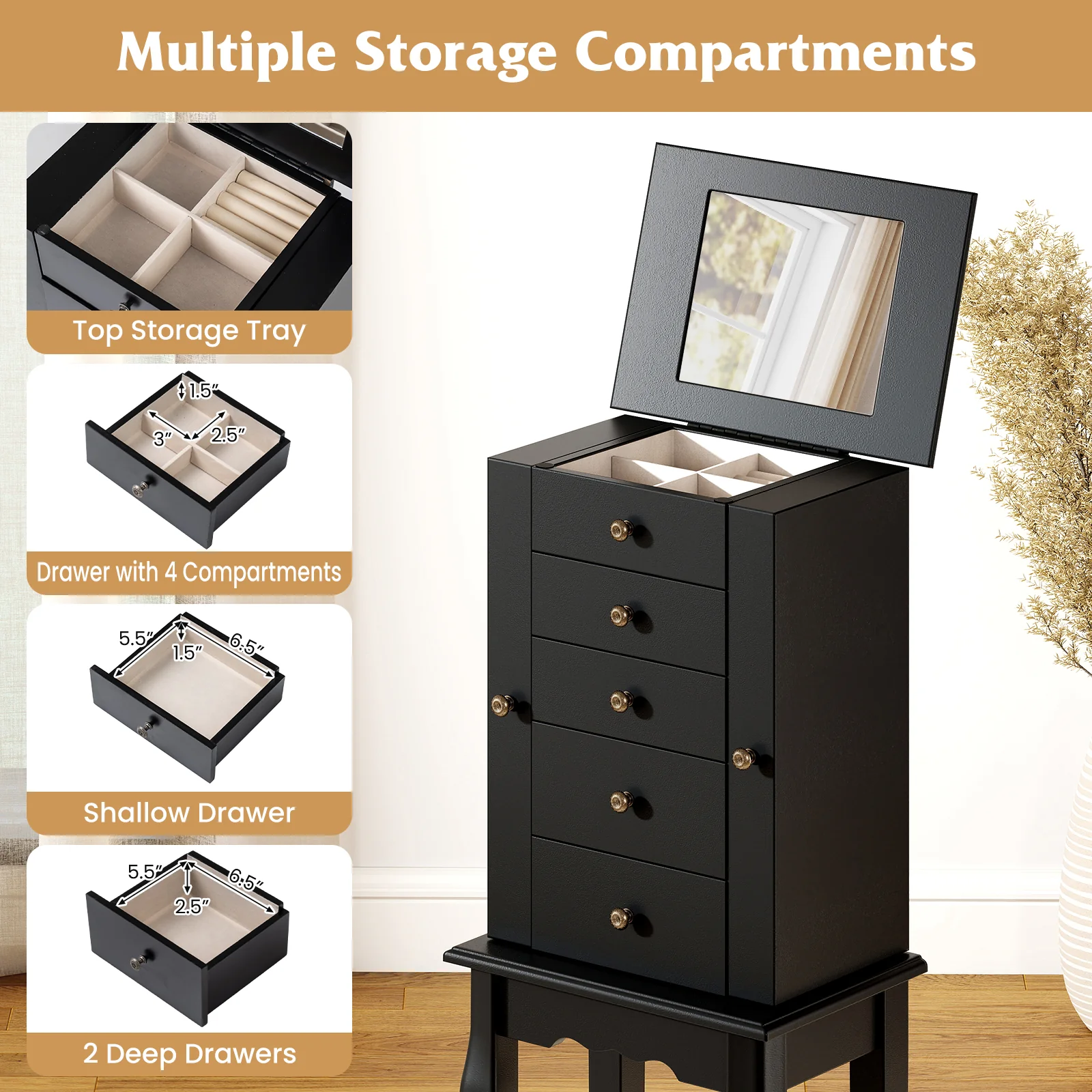 2 Colors Armoire Storage Standing Jewelry Cabinet with Mirror, Black - Image 10
