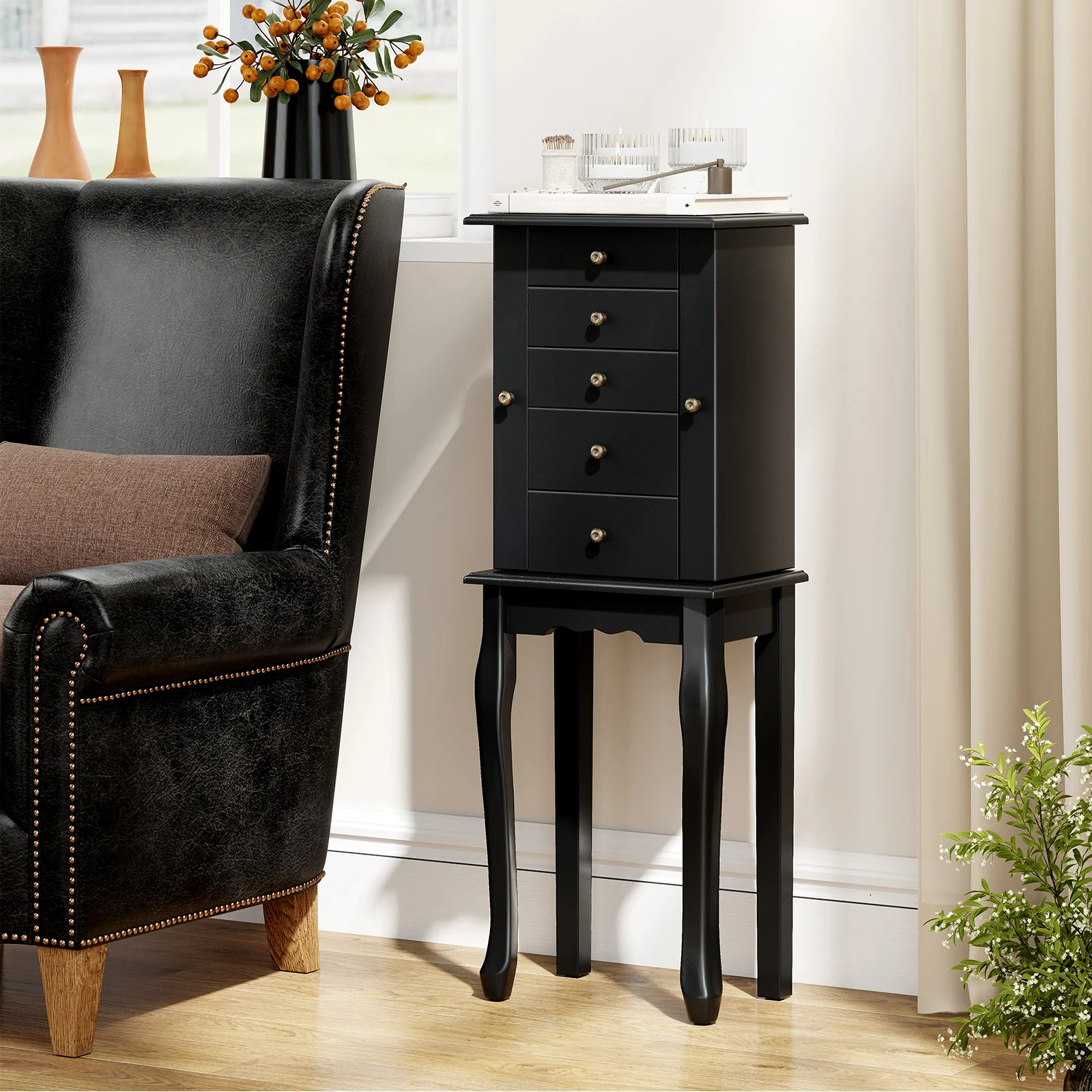 2 Colors Armoire Storage Standing Jewelry Cabinet with Mirror, Black - Image 2