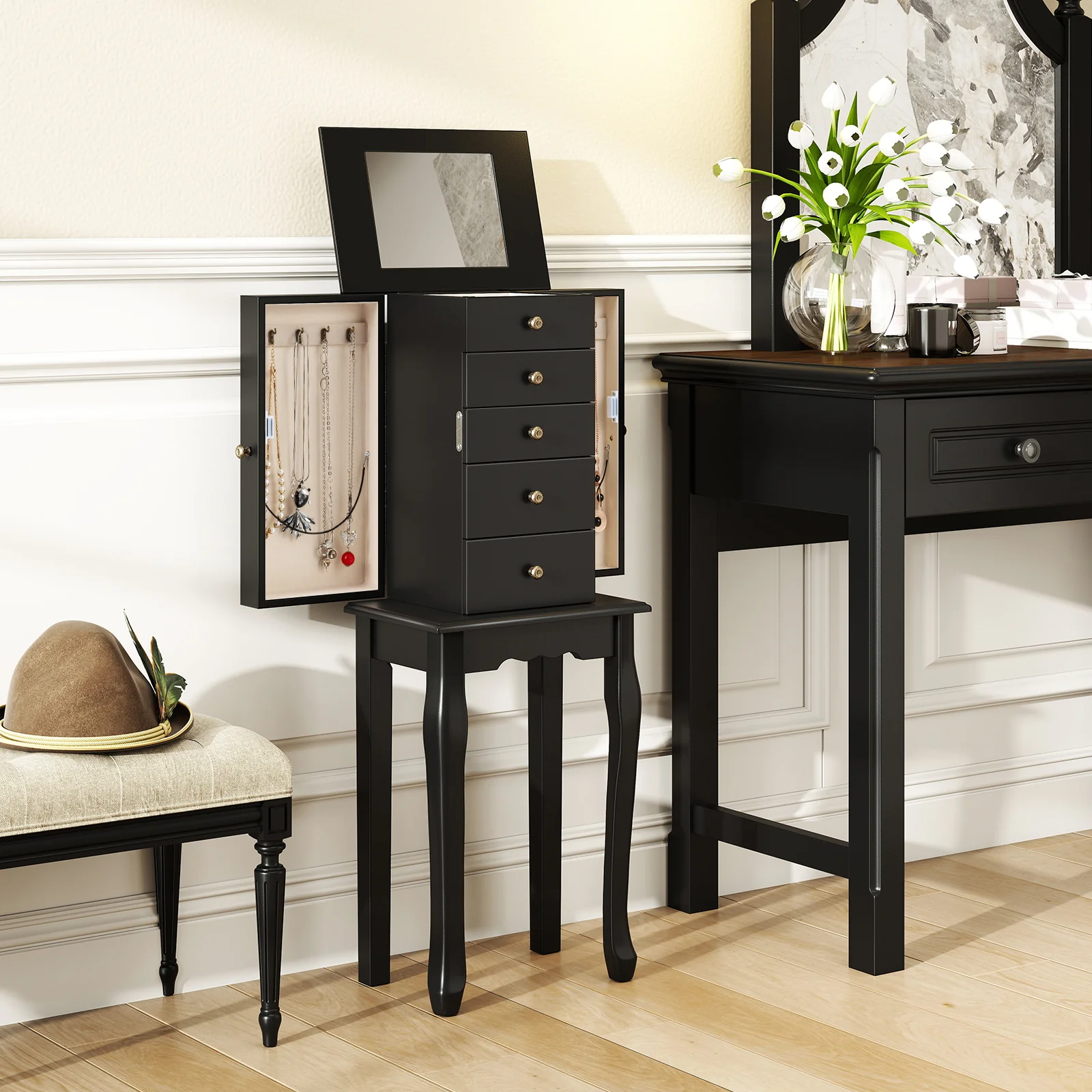 2 Colors Armoire Storage Standing Jewelry Cabinet with Mirror, Black - Image 3