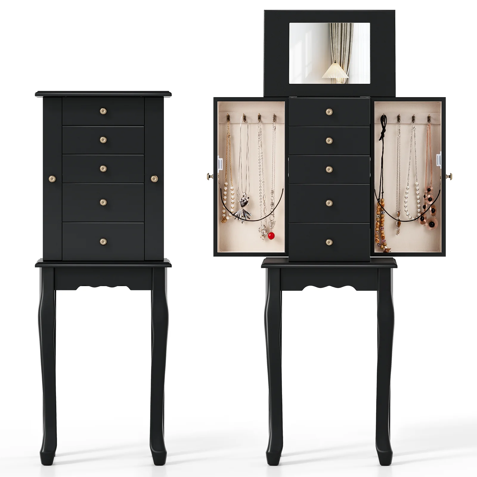 2 Colors Armoire Storage Standing Jewelry Cabinet with Mirror, Black - Image 5