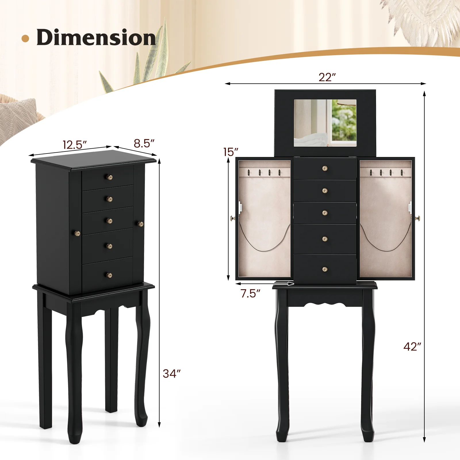 2 Colors Armoire Storage Standing Jewelry Cabinet with Mirror, Black - Image 6