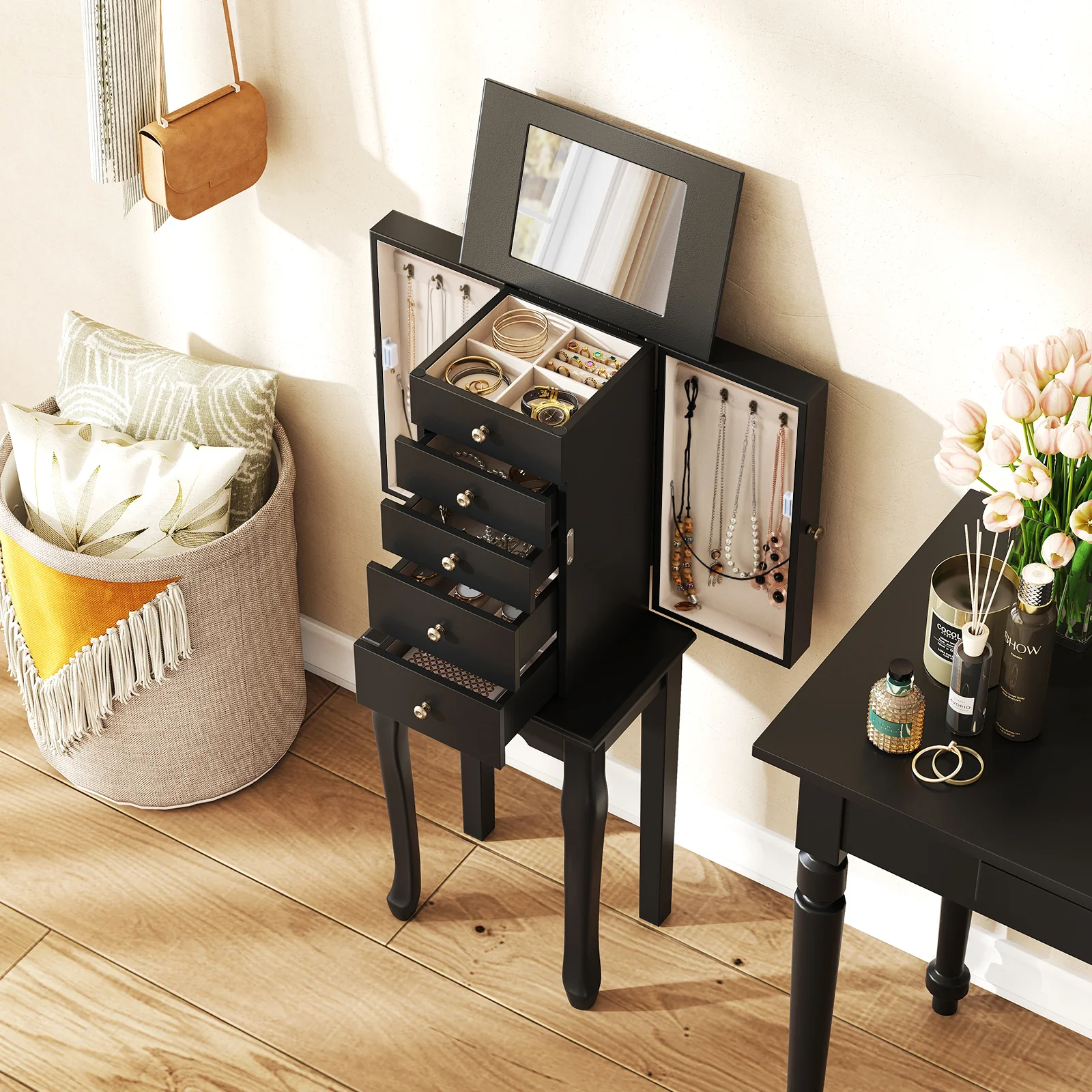 2 Colors Armoire Storage Standing Jewelry Cabinet with Mirror, Black - Image 7