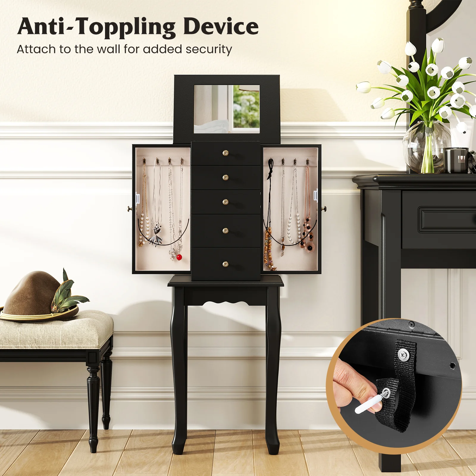 2 Colors Armoire Storage Standing Jewelry Cabinet with Mirror, Black - Image 8