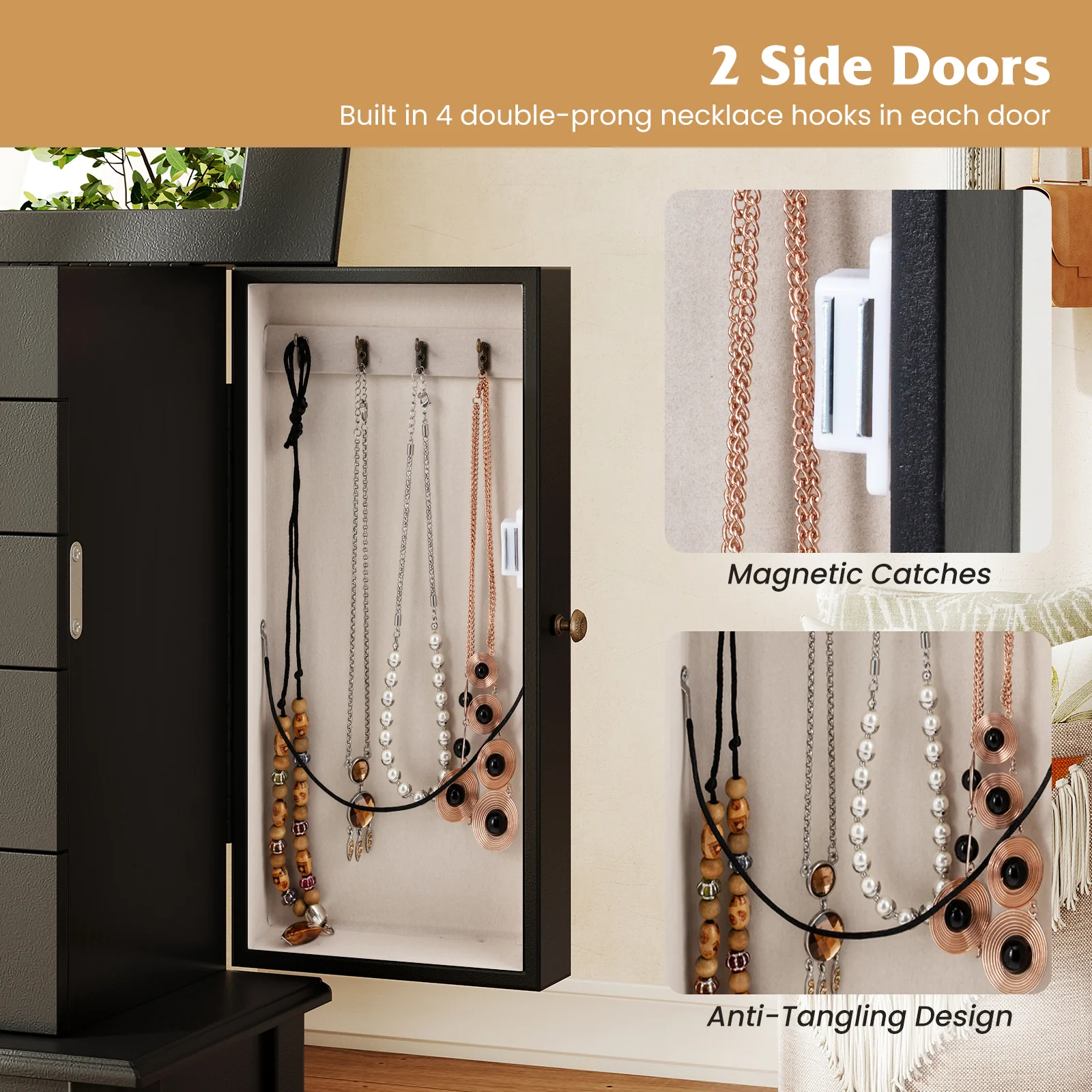 2 Colors Armoire Storage Standing Jewelry Cabinet with Mirror, Black - Image 9