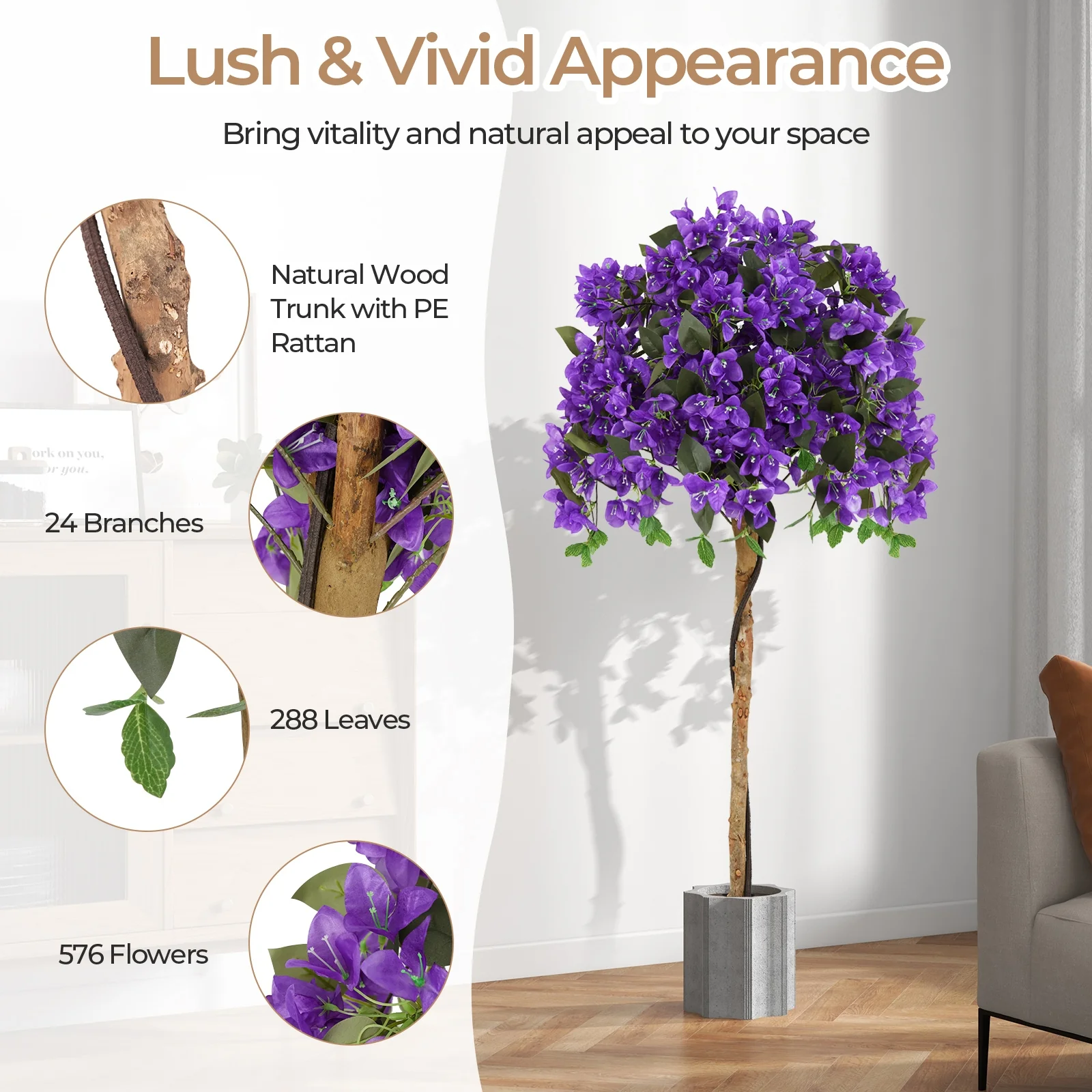 Artificial Azalea Tree, 4.5 Feet, Cement Pot, Purple - Image 7