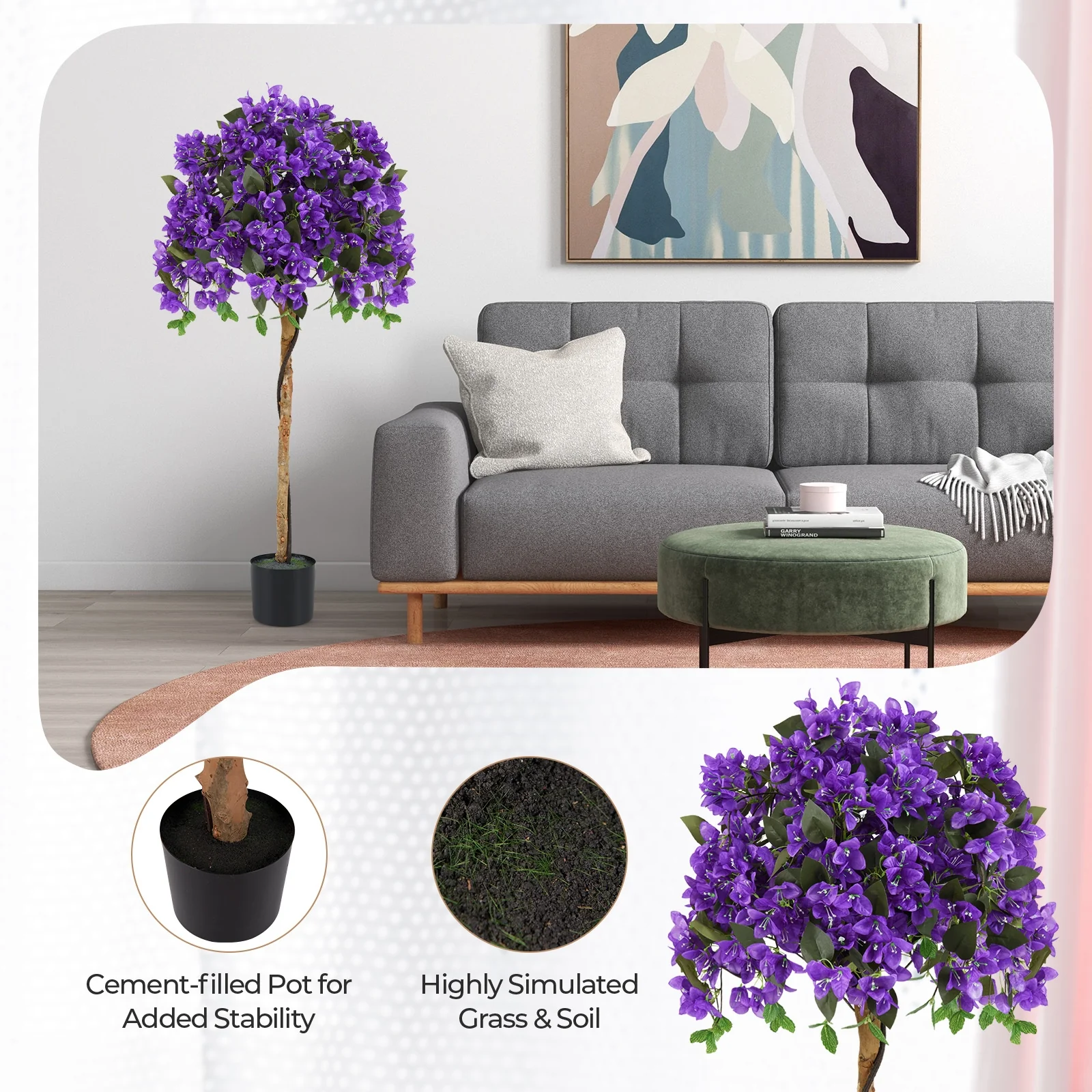 Artificial Azalea Tree, 4.5 Feet, Cement Pot, Purple - Image 8