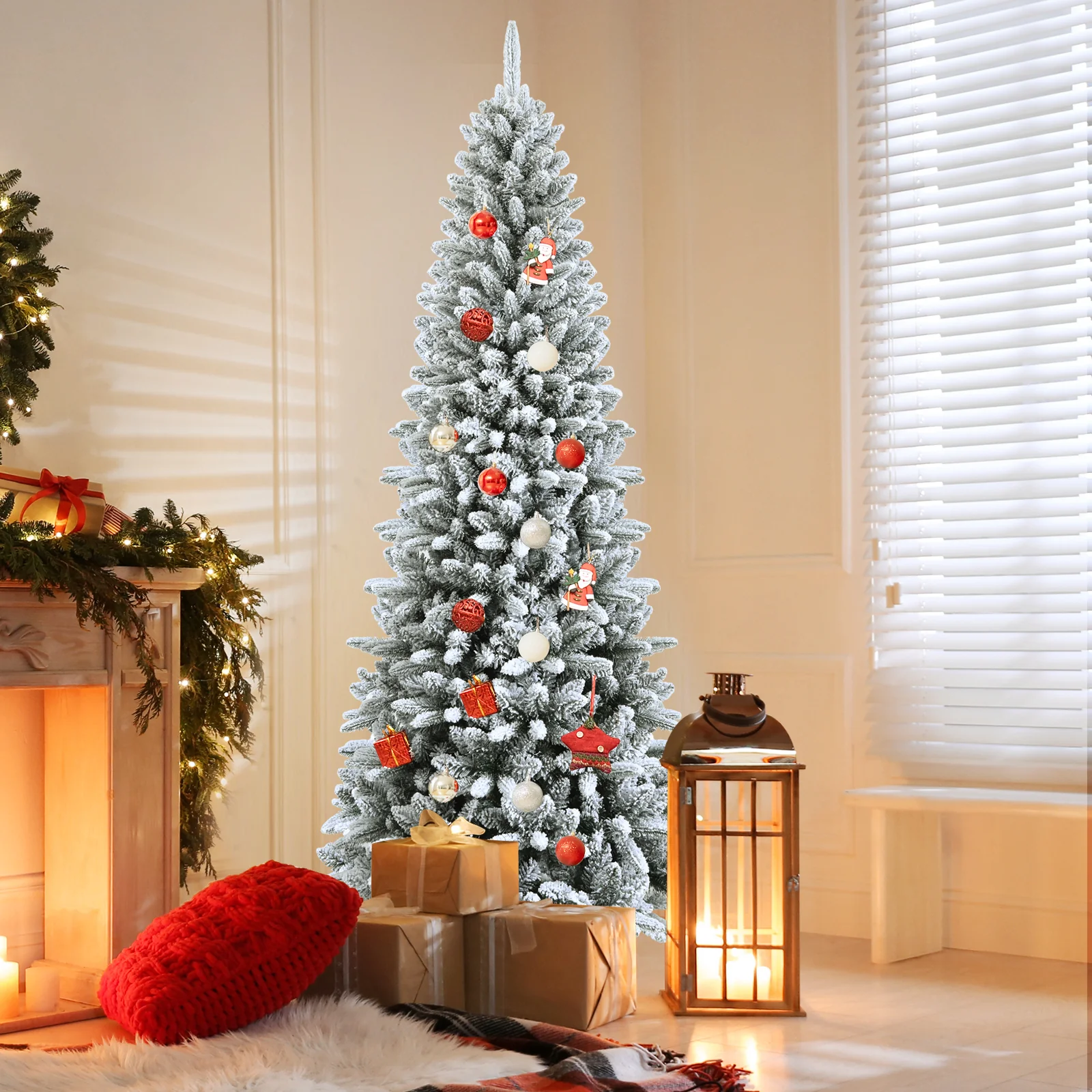 Artificial Christmas Pencil Tree, 7.5', Snow Flocked, Mixed Tips, White - Image 2
