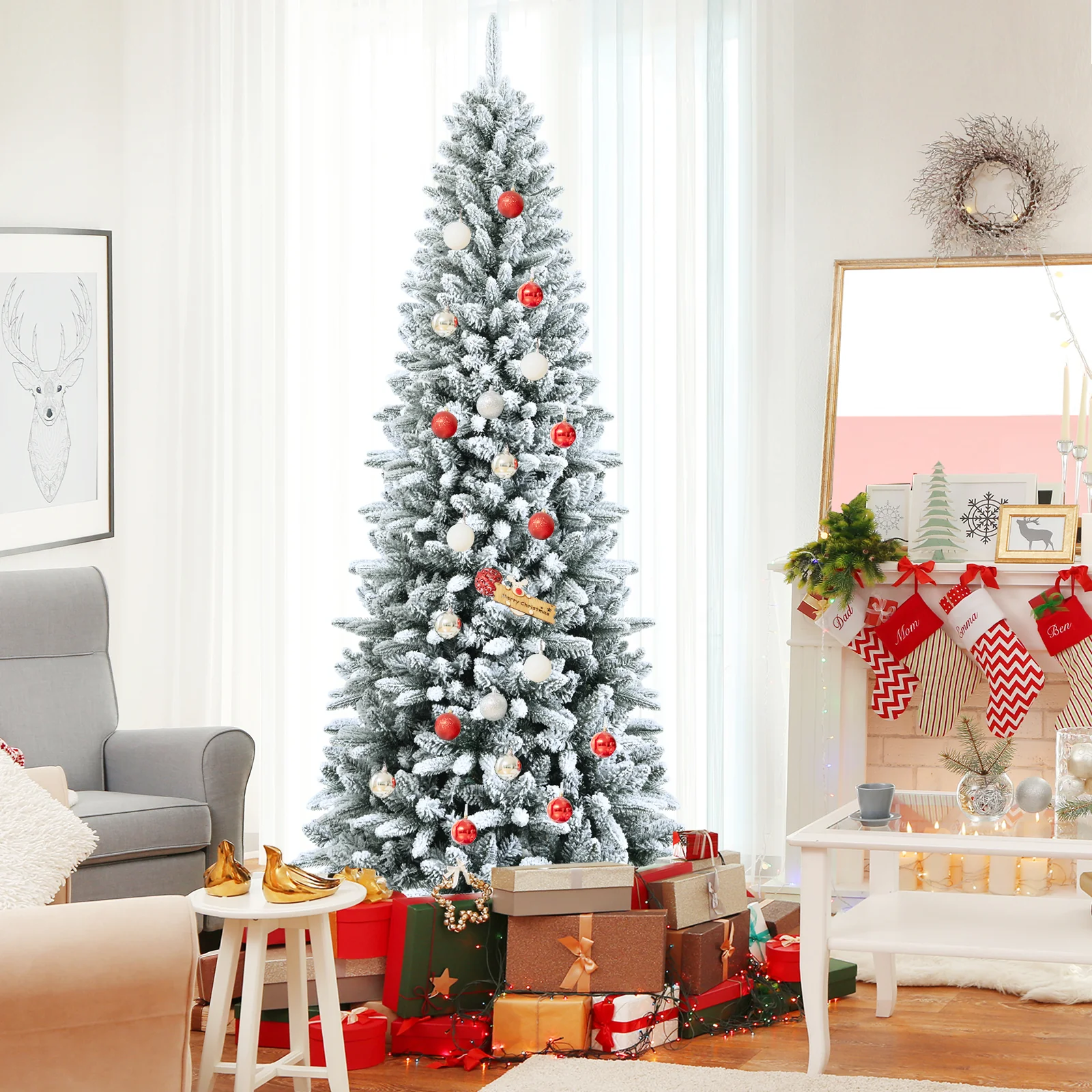 Artificial Christmas Pencil Tree, 7.5', Snow Flocked, Mixed Tips, White - Image 3