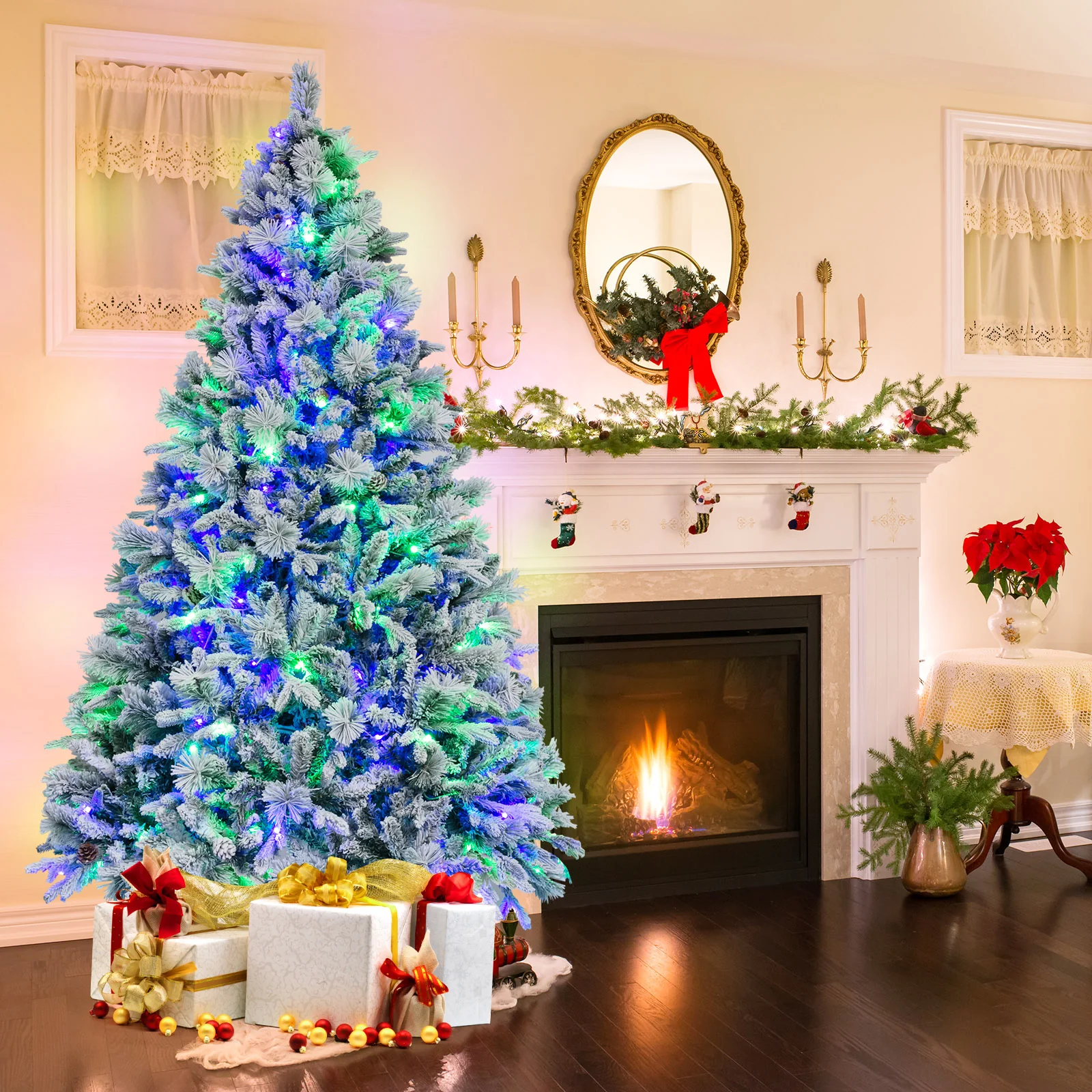 Artificial Christmas Tree With Pine Needles, LED Lights, 7 Ft, Green - Image 3