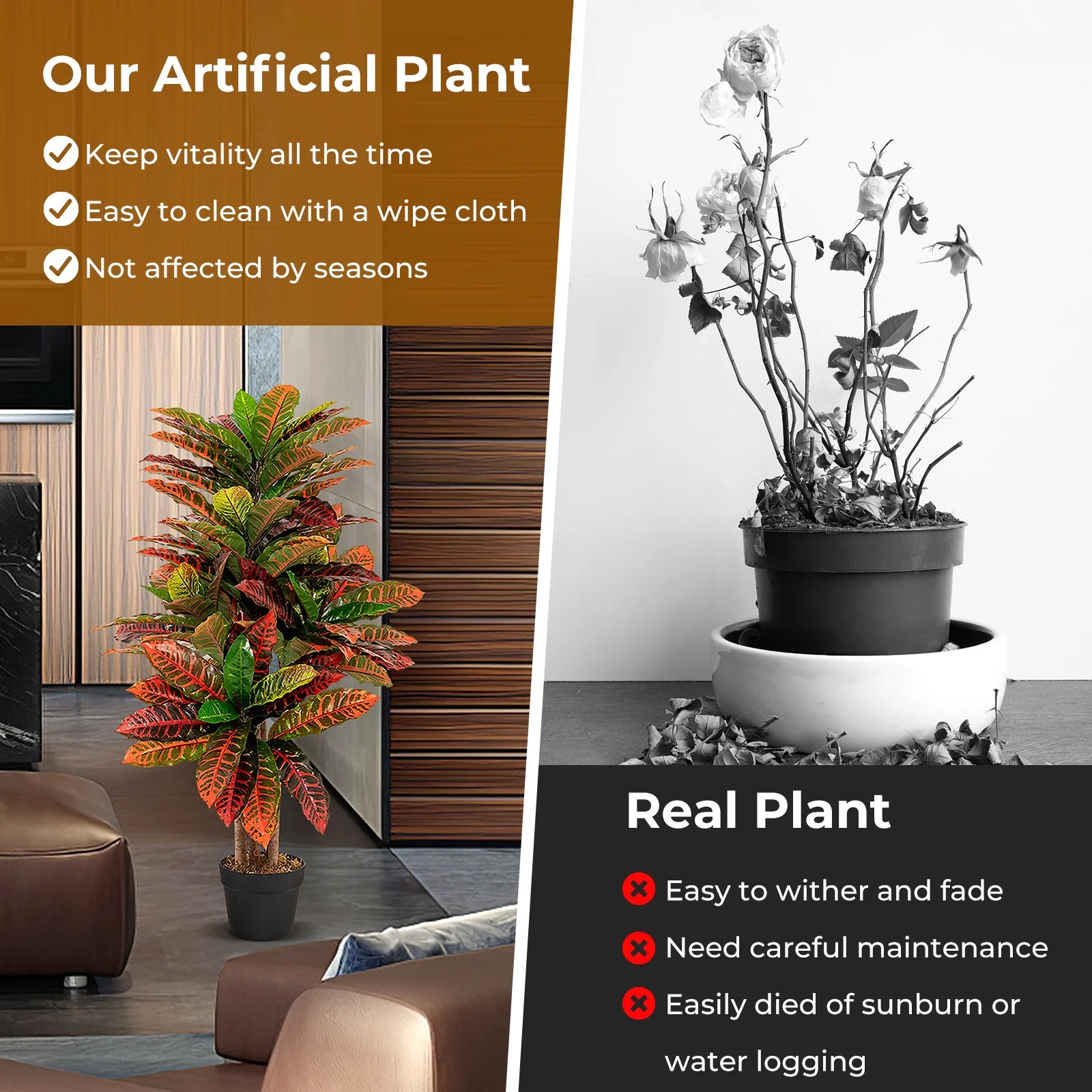 Artificial Croton Plant, 40 Inch, Fake Palm Tree With Variegated Leaves, Red - Image 10