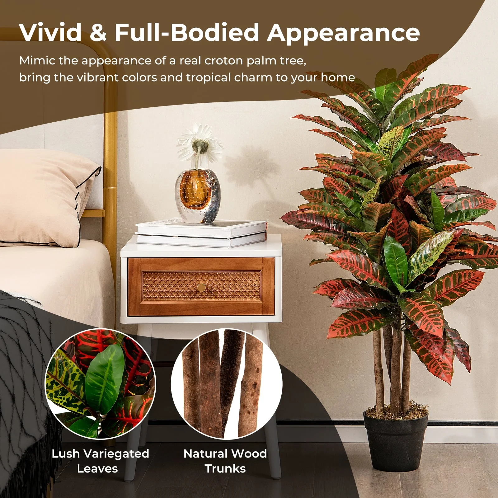 Artificial Croton Plant, 40 Inch, Fake Palm Tree With Variegated Leaves, Red - Image 6