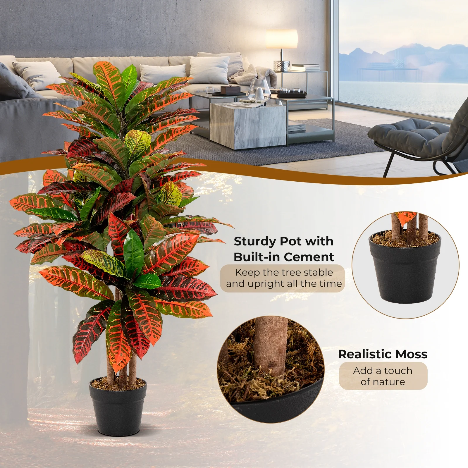 Artificial Croton Plant, 40 Inch, Fake Palm Tree With Variegated Leaves, Red - Image 7