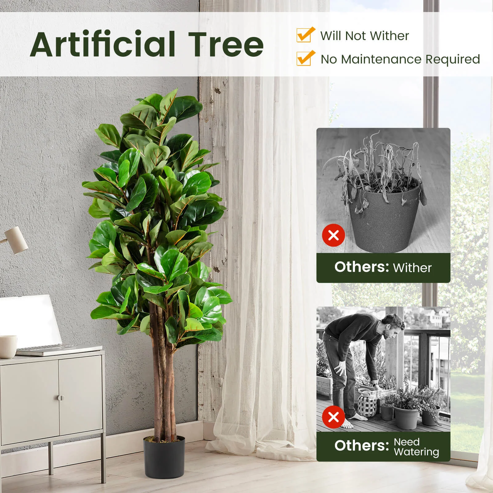 Artificial Fiddle Leaf Fig Tree, 5 Feet, Green - Image 10