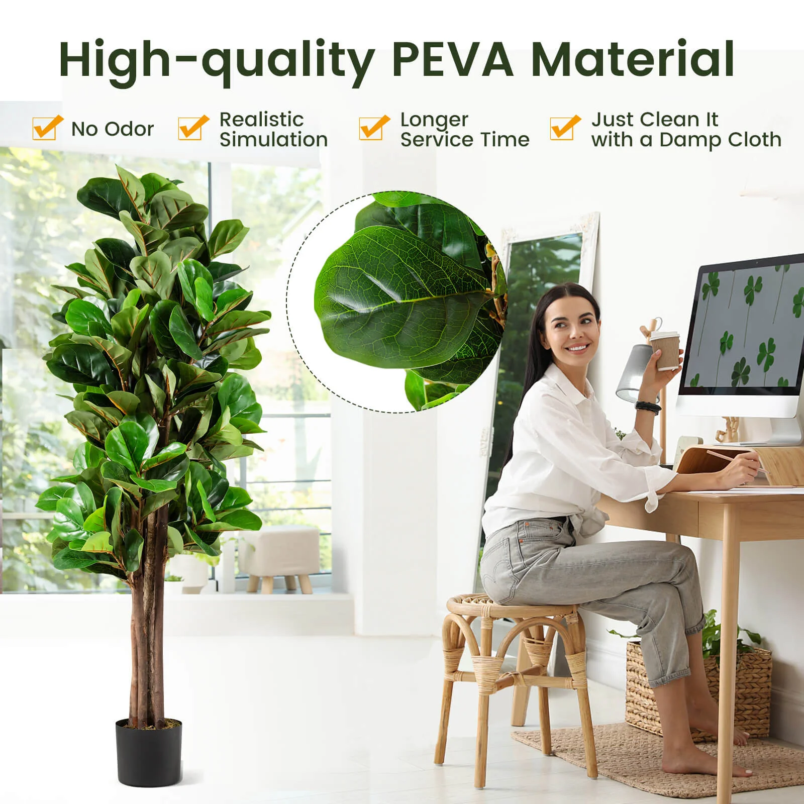 Artificial Fiddle Leaf Fig Tree, 5 Feet, Green - Image 6