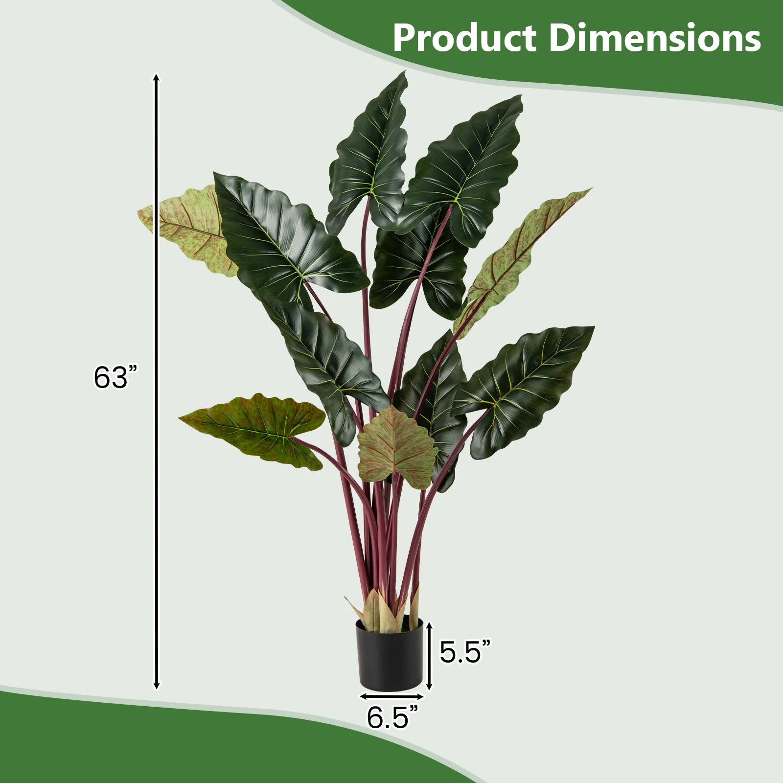 Artificial Rainbow Taro Tree 63" Tall with 11 Faux Leaves-2 Pack - Image 4
