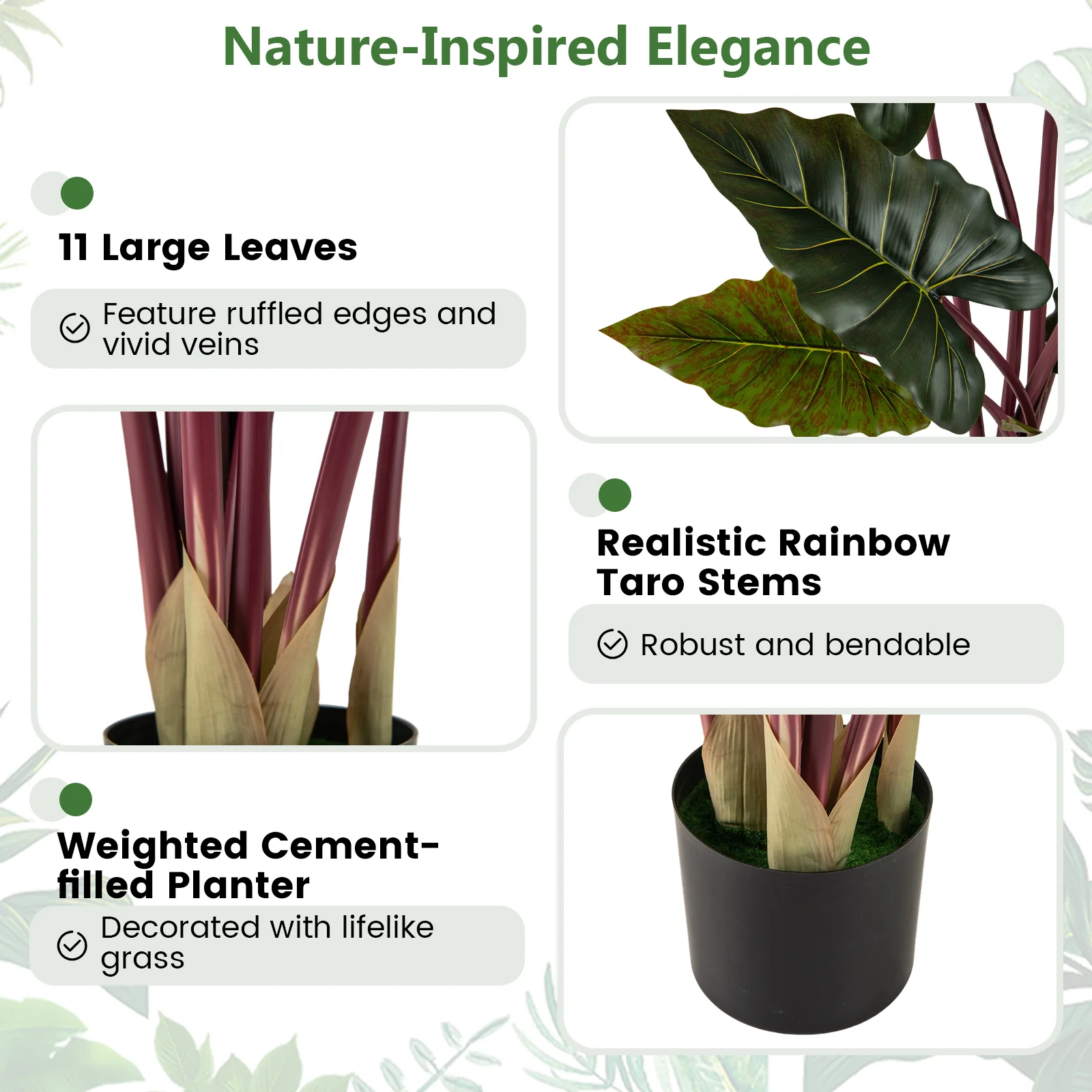 Artificial Rainbow Taro Tree 63" Tall with 11 Faux Leaves-2 Pack - Image 8