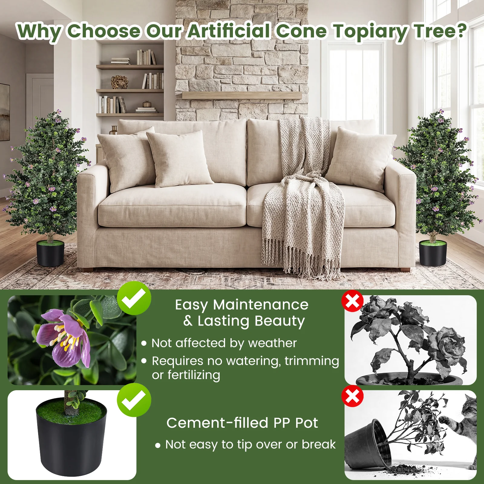 Artificial Topiary Cone Tree, 2 Pack, 49 Flowers, Purple - Image 8
