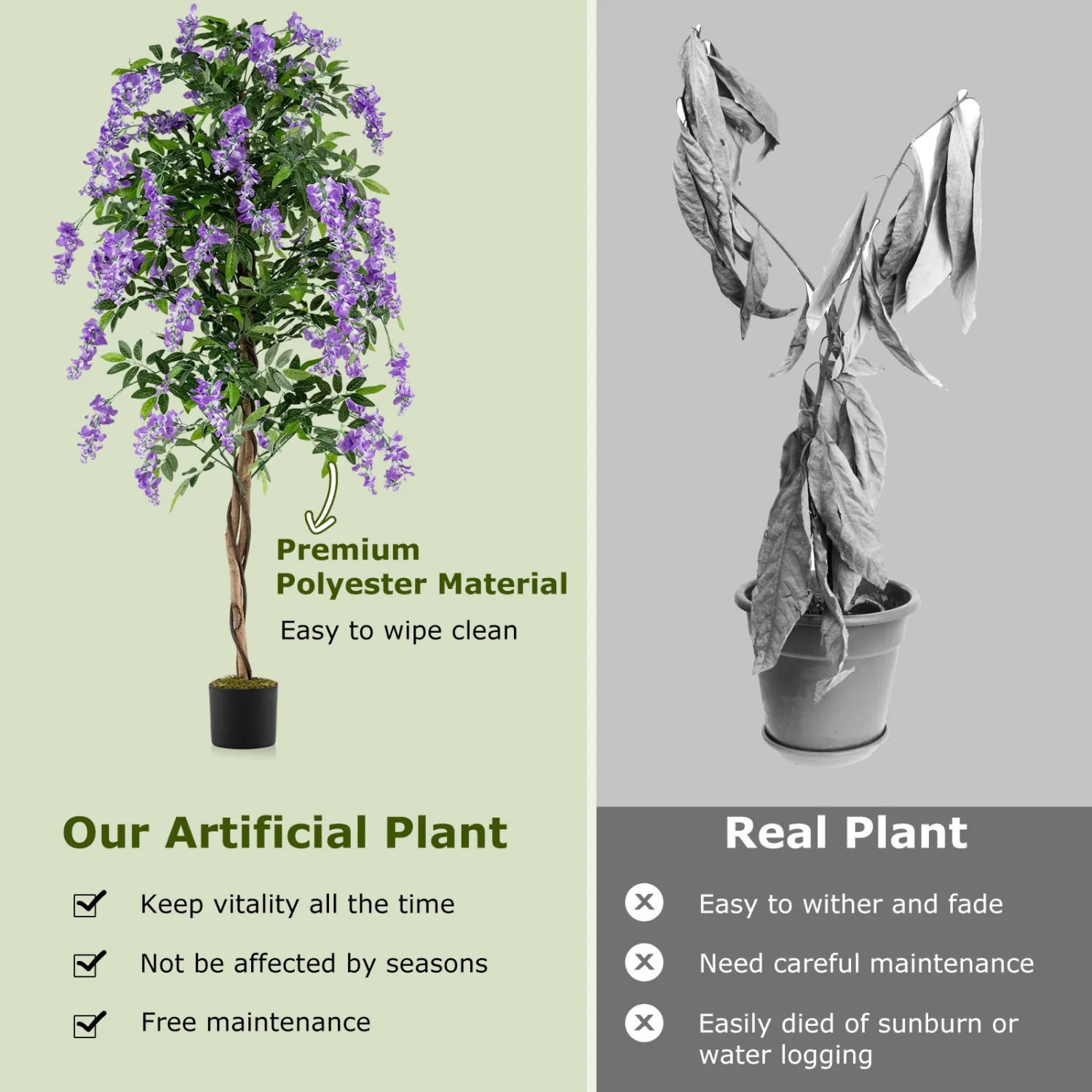 Artificial Wisteria Tree, 6 FT, With Natural Trunks And Lifelike Flowers, Purple - Image 10