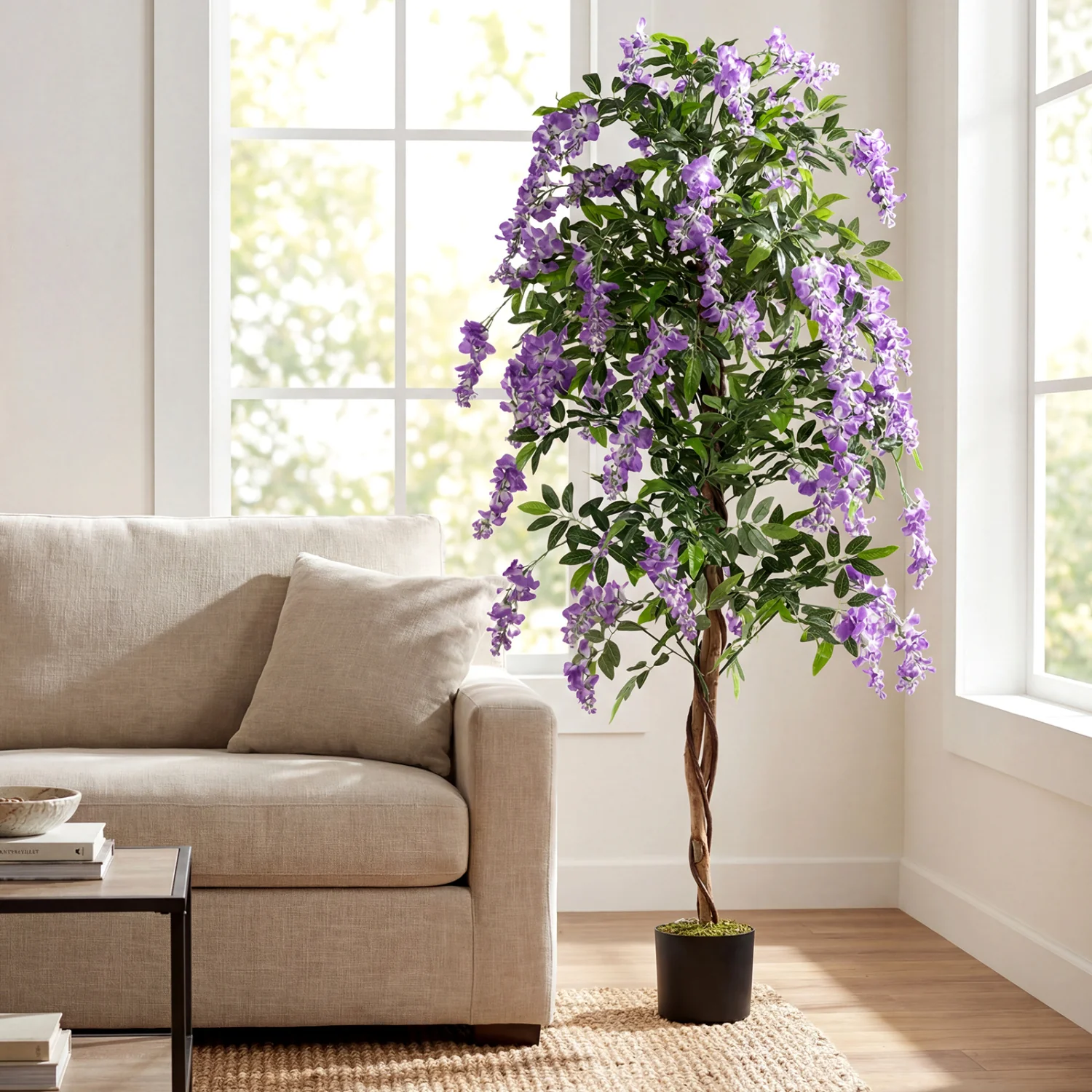 Artificial Wisteria Tree, 6 FT, With Natural Trunks And Lifelike Flowers, Purple - Image 3
