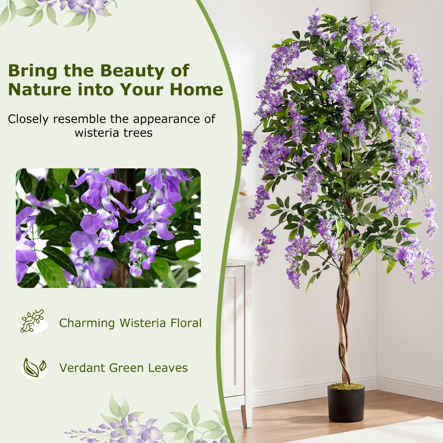 Artificial Wisteria Tree, 6 FT, With Natural Trunks And Lifelike Flowers, Purple - Image 8