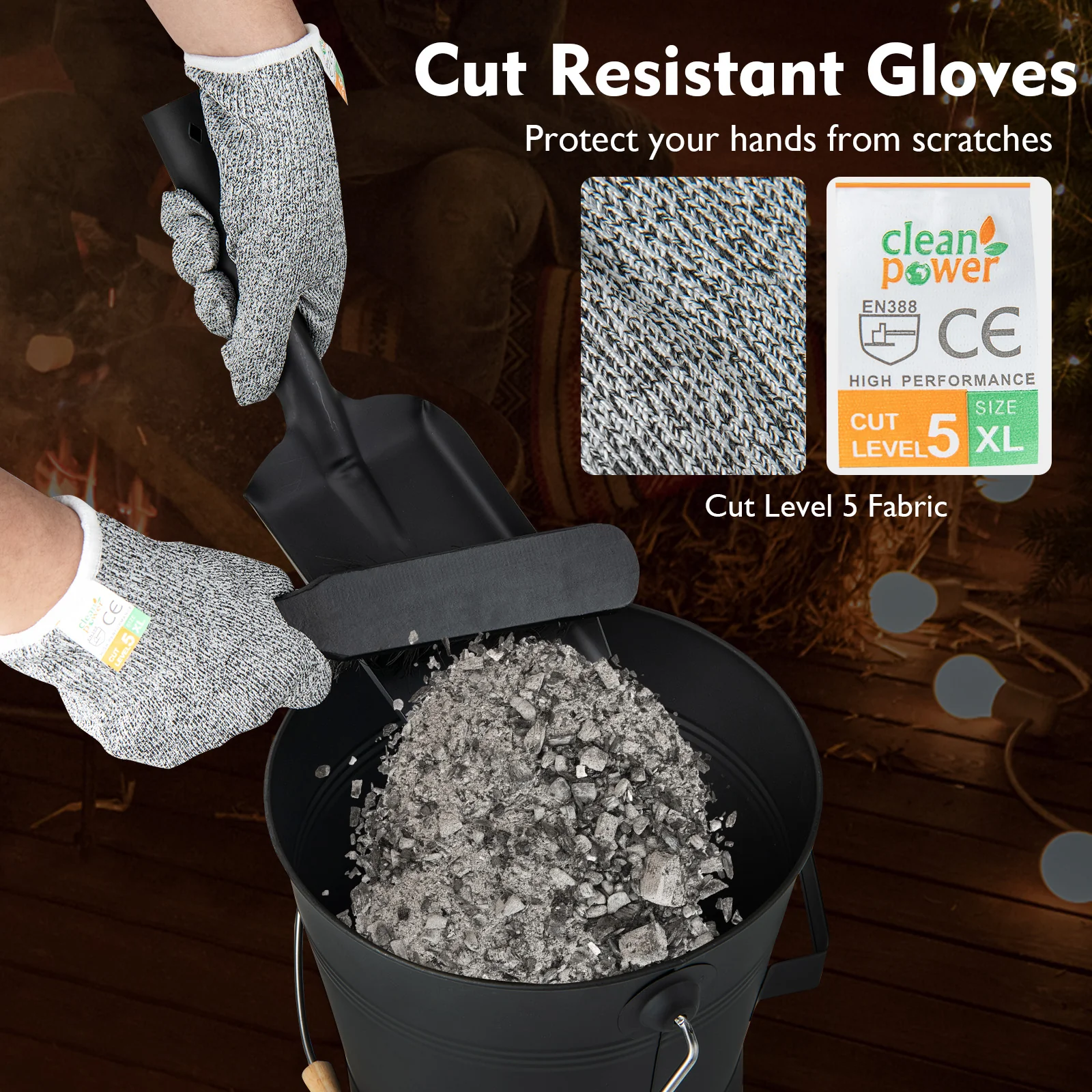 Ash Bucket with Lid and Cut-resistant Gloves, Black - Image 10