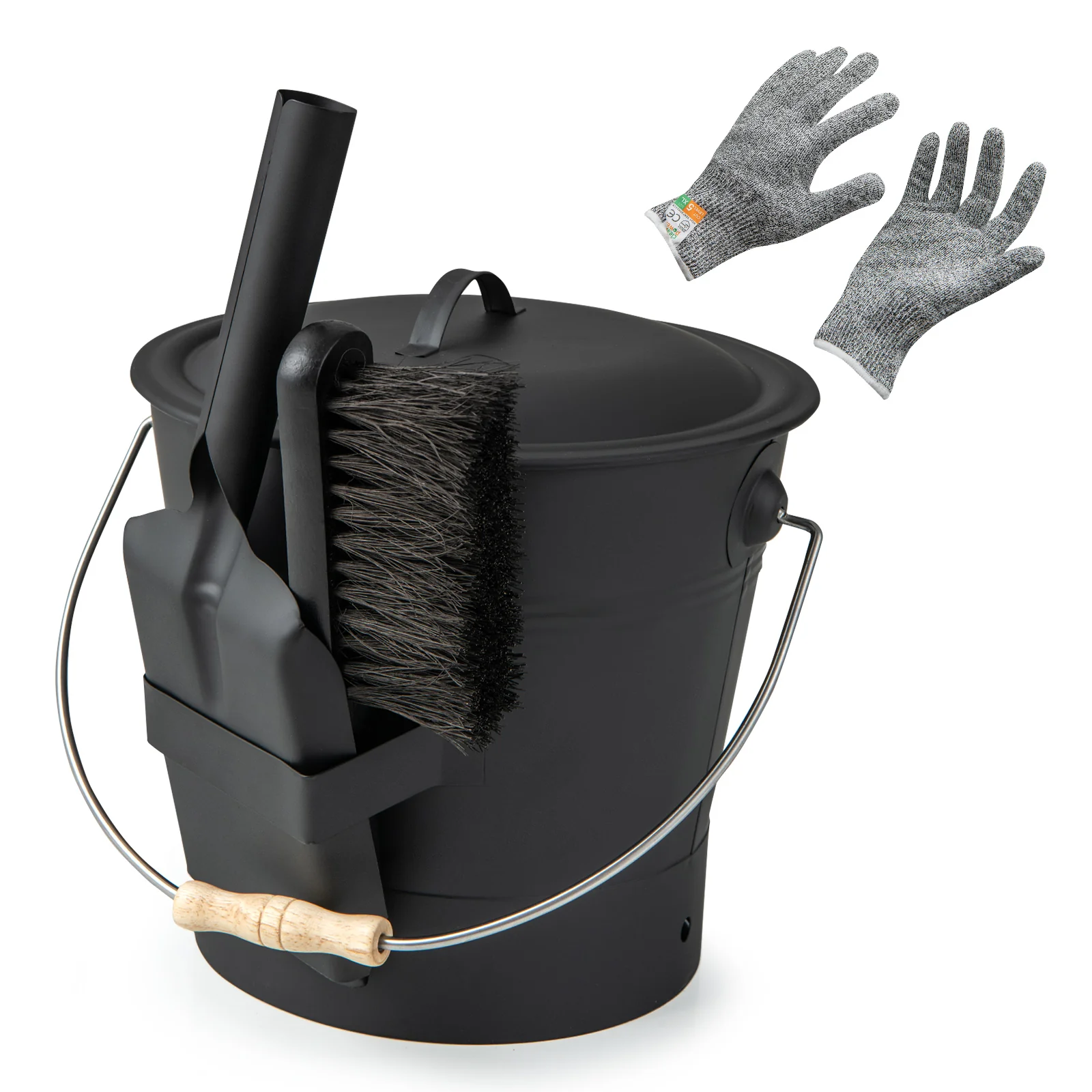 Ash Bucket with Lid and Cut-resistant Gloves, Black - Image 4
