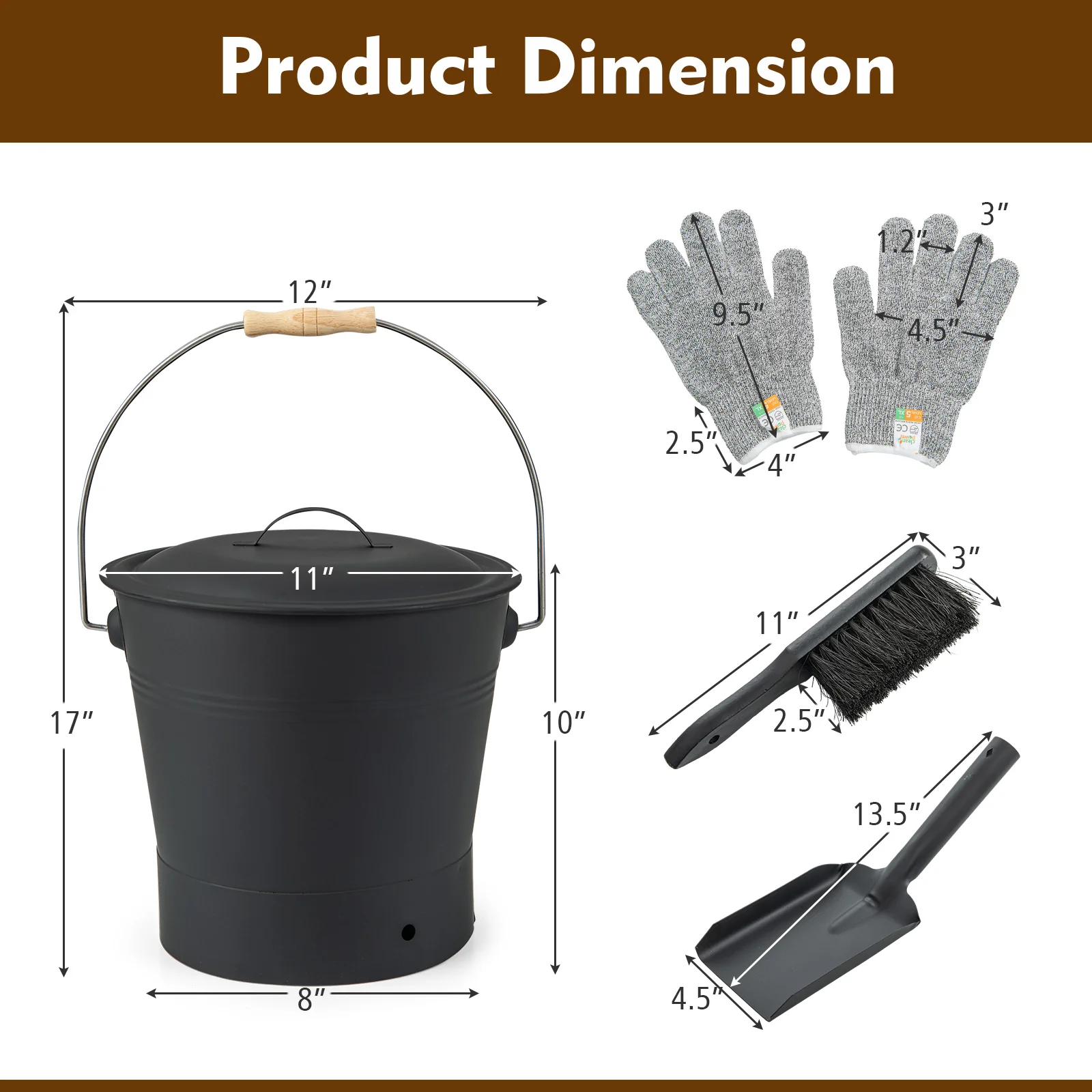Ash Bucket with Lid and Cut-resistant Gloves, Black - Image 6