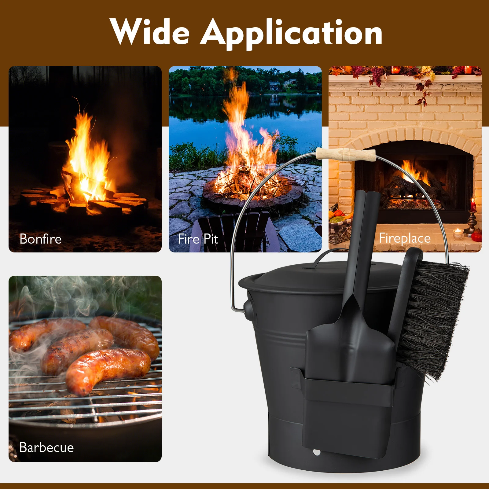 Ash Bucket with Lid and Cut-resistant Gloves, Black - Image 7