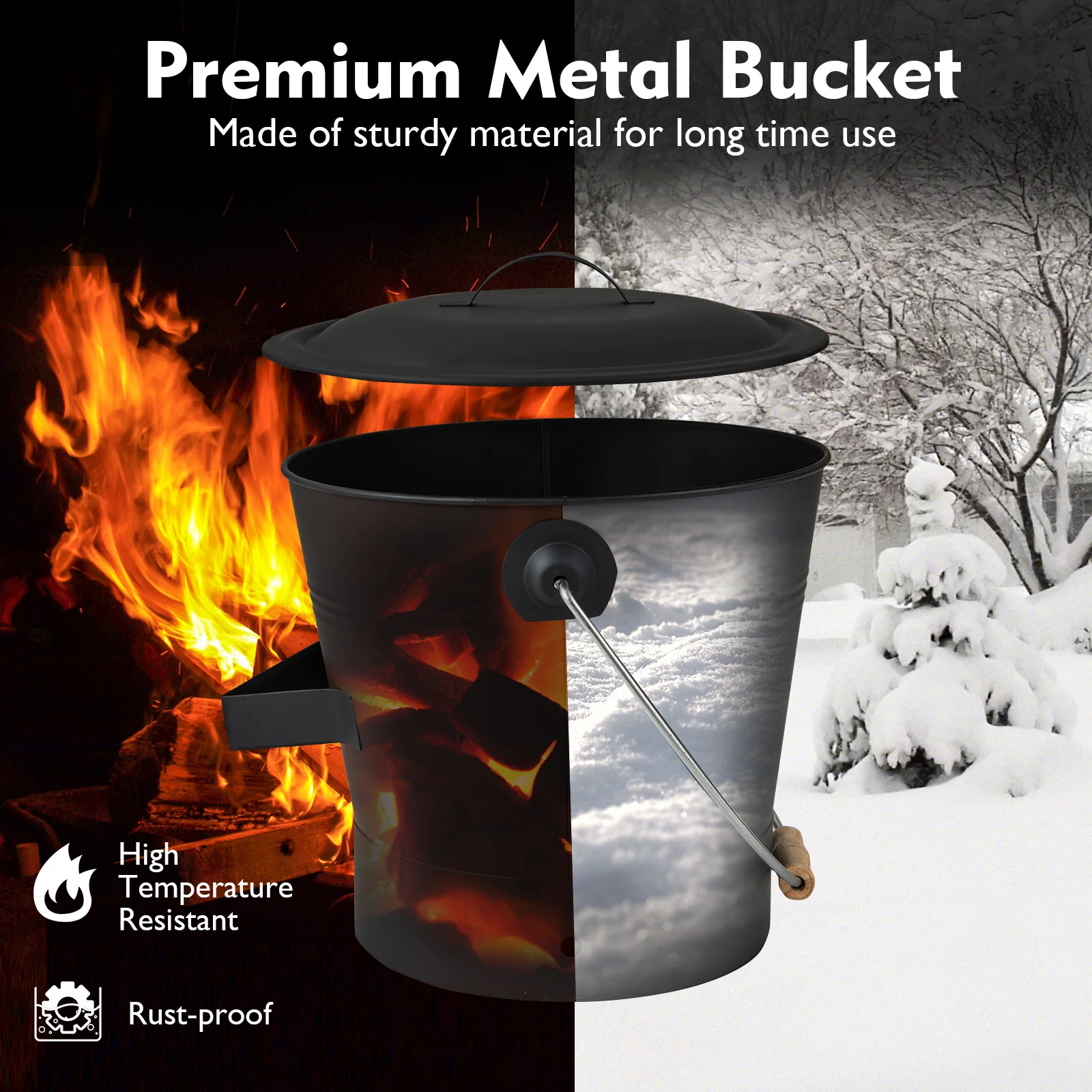 Ash Bucket with Lid and Cut-resistant Gloves, Black - Image 9