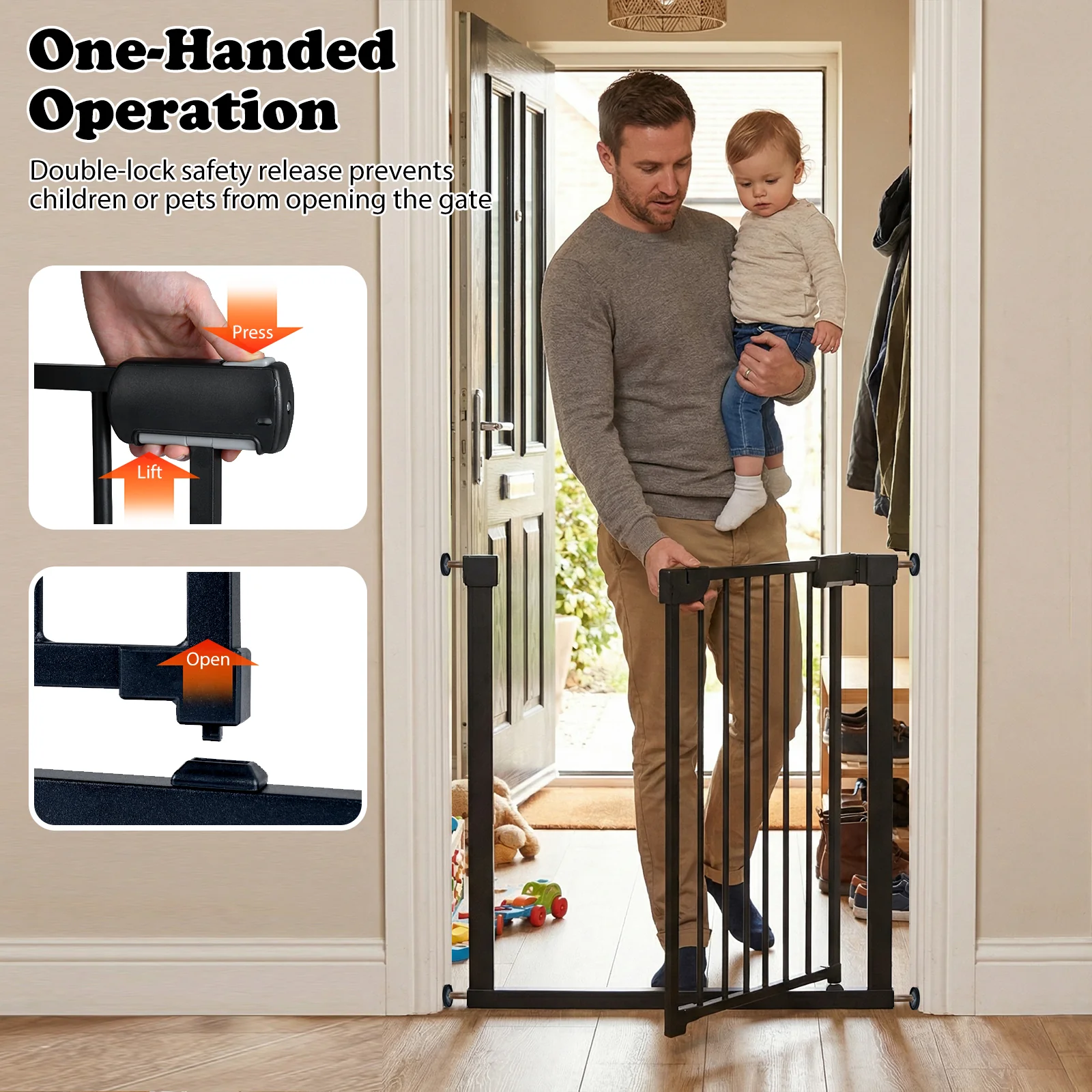 Auto-Close Baby Gate, Pressure Mounted, Black - Image 10