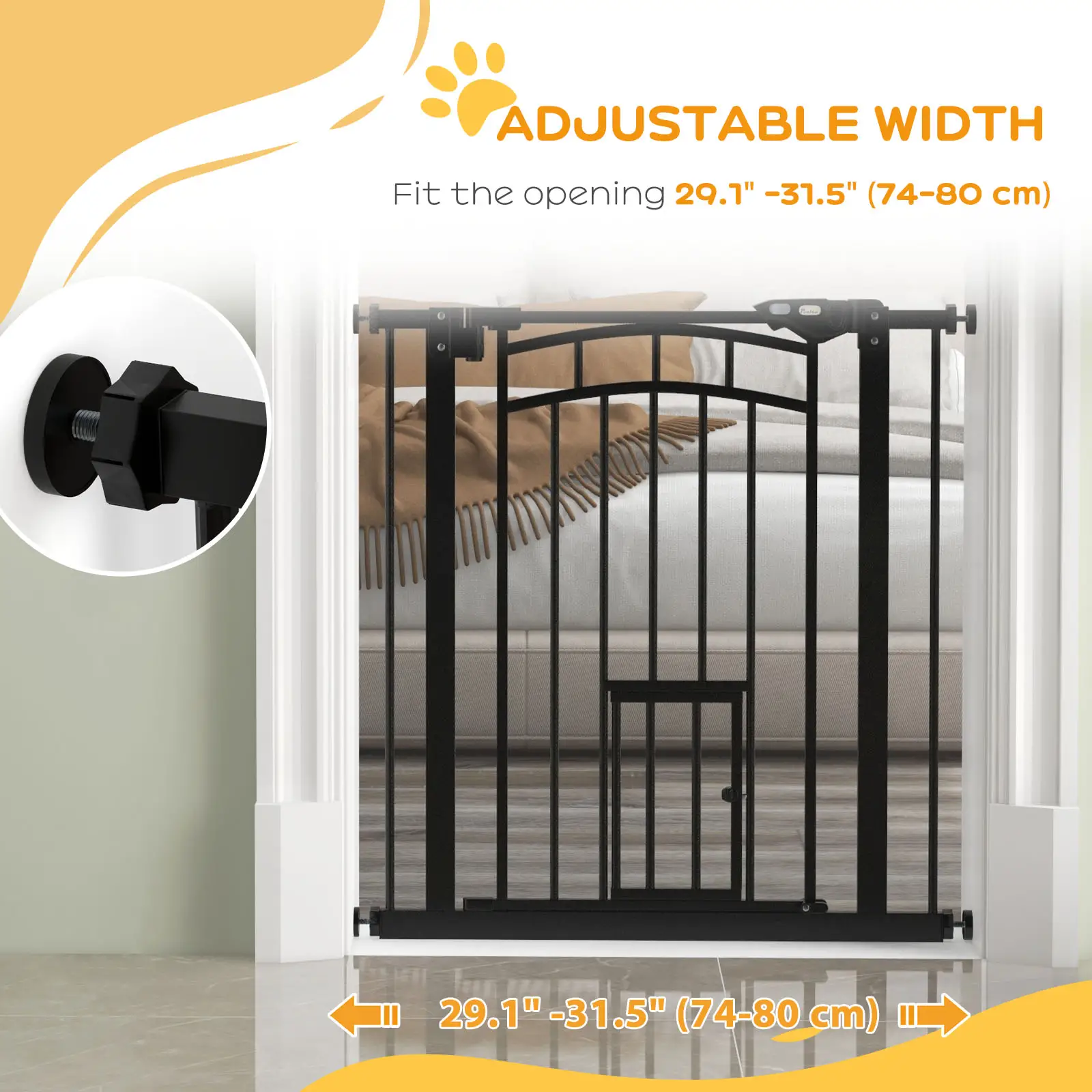 Auto-Close Pet Gate with Cat Door, Double Locking, Fits 29"-31.5" Wide, Black - Image 7