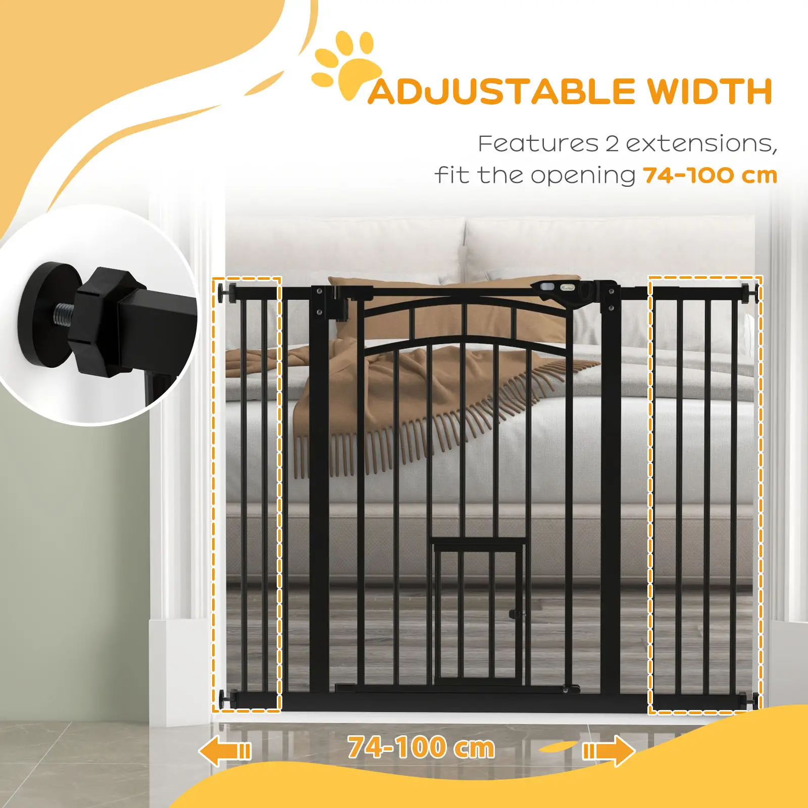 Auto-Close Pet Gate With Cat Door, Double Locking, Fits 29"-39.4" Wide, Black - Image 7