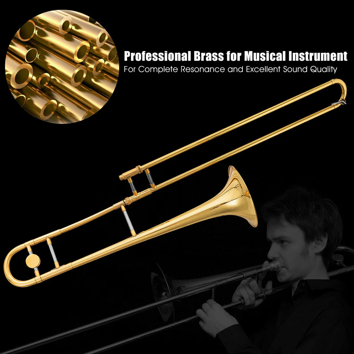 B Flat Trombone Golden Brass with Mouthpiece, Golden - Image 2