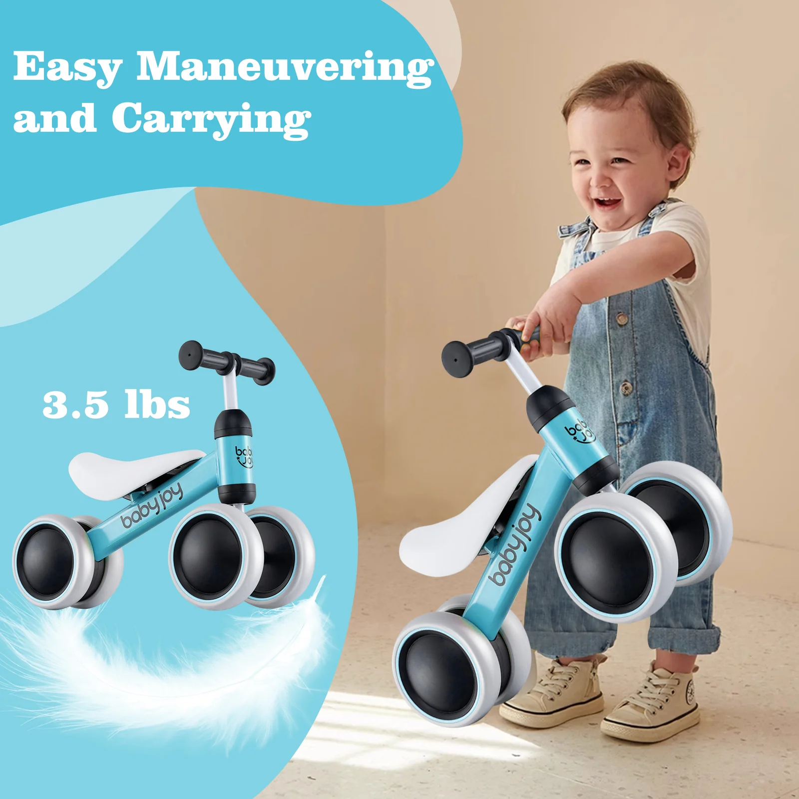 Baby Balance Bike, 2 Years Old, No Pedal, 4 Wheels, Blue - Image 6