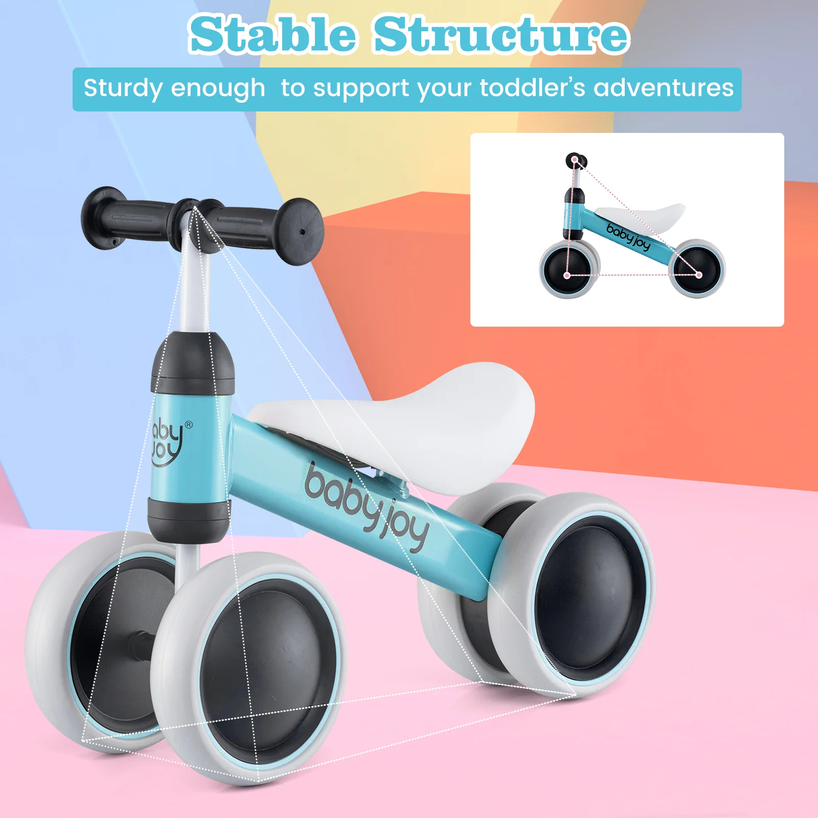 Baby Balance Bike, 2 Years Old, No Pedal, 4 Wheels, Blue - Image 8